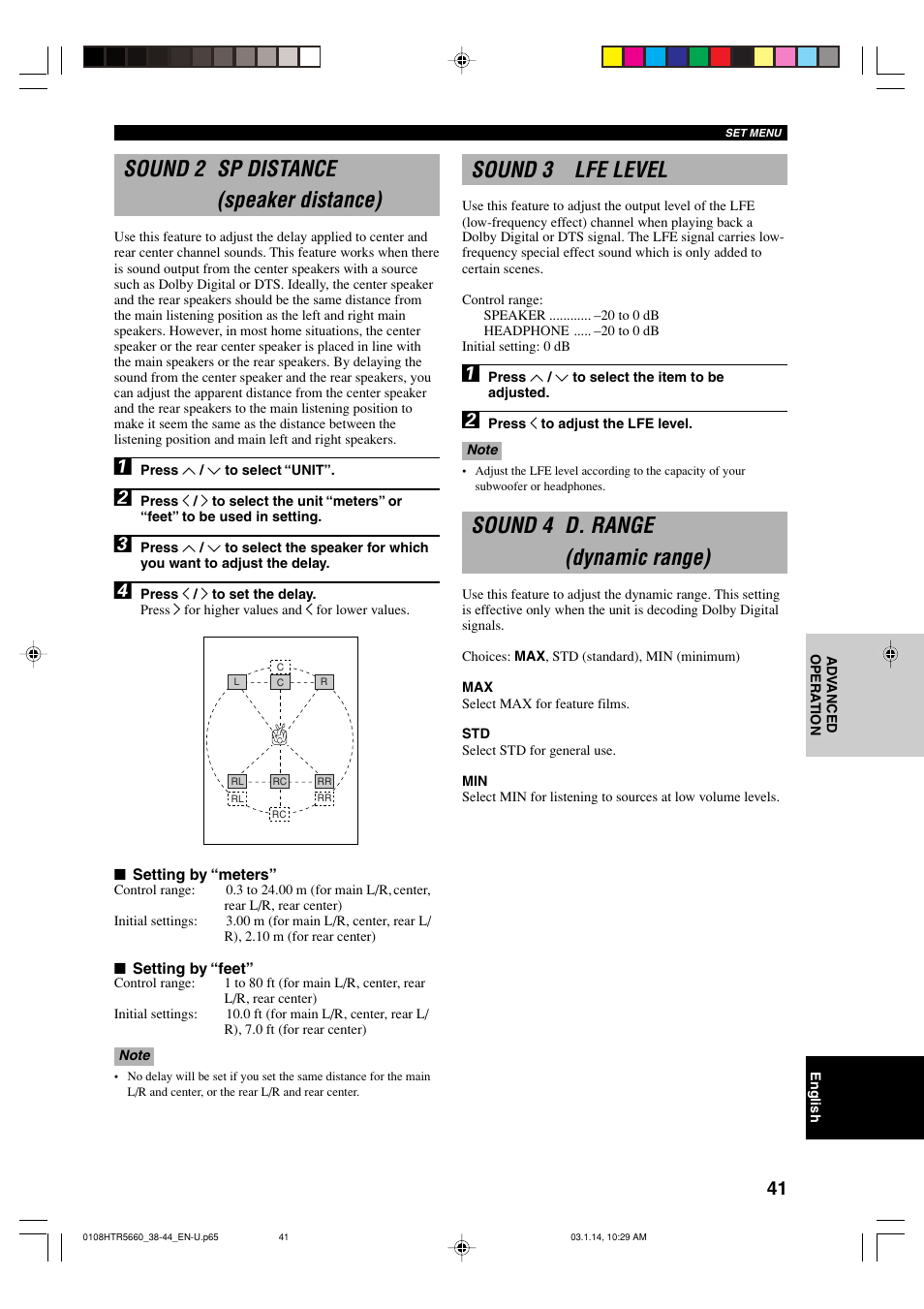 Sound 2 sp distance, Sound 3 lfe level, Sound 4 d. range | Sound 2 sp distance (speaker distance), Sound 4 d. range (dynamic range) | Yamaha HTR-5660 User Manual | Page 45 / 68