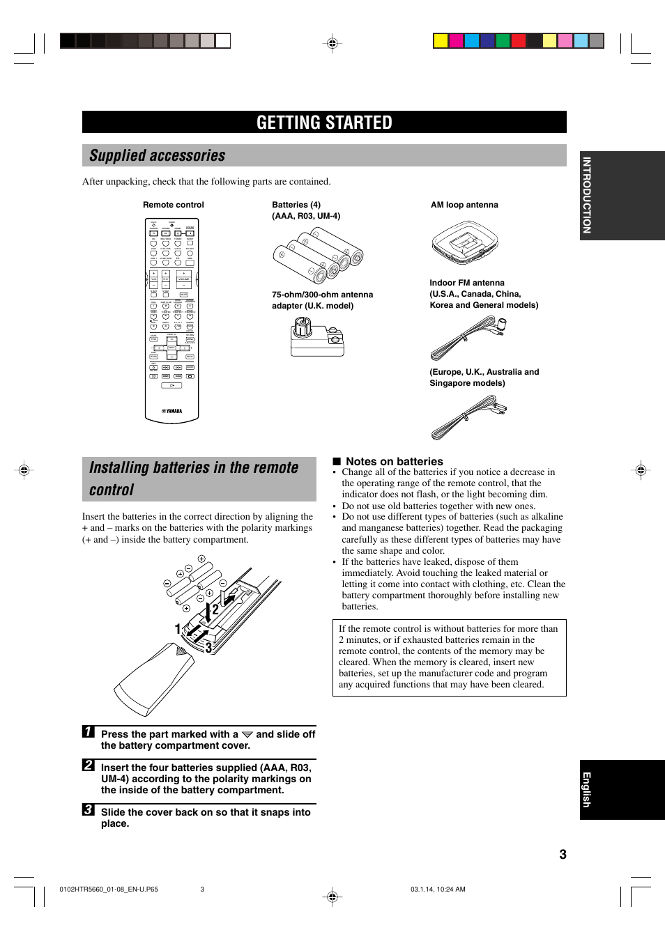 Getting started, Supplied accessories, Installing batteries in the remote control | English intr oduction, Ohm/300-ohm antenna adapter (u.k. model) | Yamaha HTR-5660 User Manual | Page 7 / 68