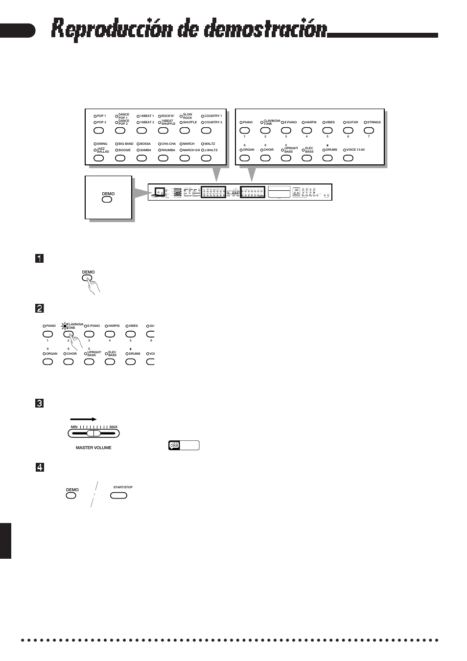 Reproducción de demostración, Presione el botón [demo, Seleccione una canción de demostración | Ajuste el volumen, Detenga la reproducción, Las canciones de demostración | Yamaha CVP-85A User Manual | Page 10 / 76