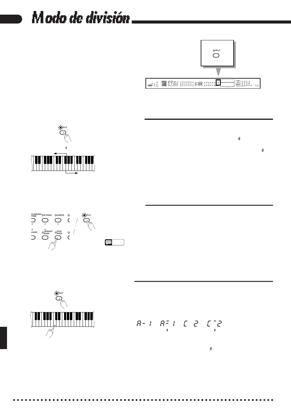 Modo de división, Cambio del punto de división, Activación del modo de división | Cambio de las voces de división, A-1 a≠1 c 2 c~2 | Yamaha CVP-85A User Manual | Page 14 / 76
