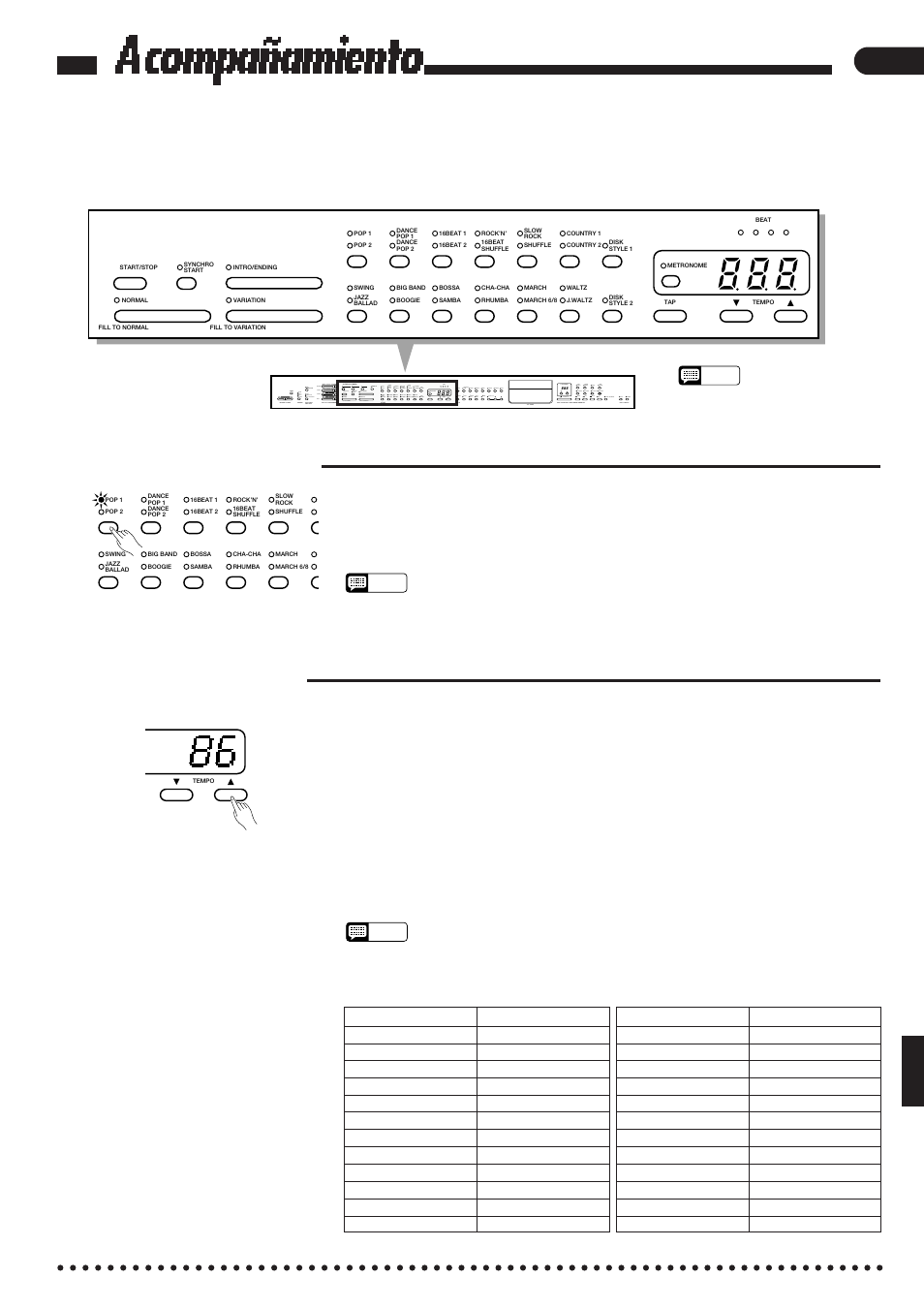 Acompañamiento, Selección del estilo, Control del tempo | Tempos sugeridos | Yamaha CVP-85A User Manual | Page 21 / 76