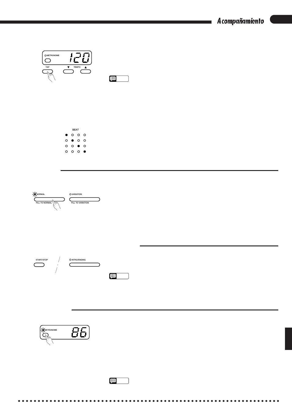 Acompañamiento, Parada del acompañamiento, Metrónomo | Rellenos | Yamaha CVP-85A User Manual | Page 23 / 76