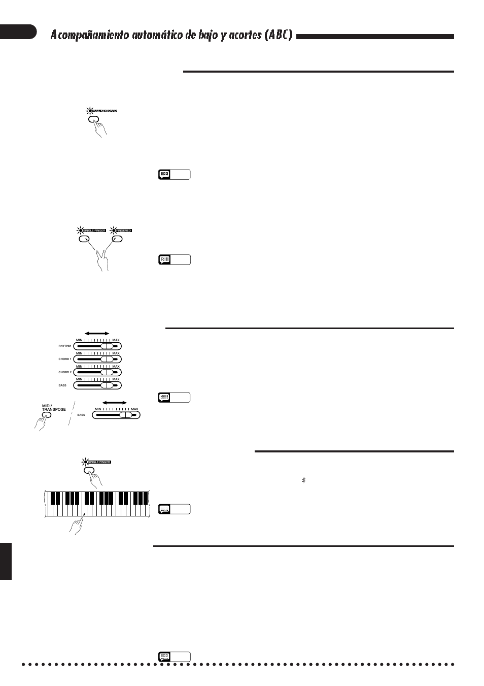 Acompañamiento automático de bajo y acortes (abc), Abc en todo el teclado, Control de volumen | Modos especiales, Cambio del punto de división abc | Yamaha CVP-85A User Manual | Page 26 / 76