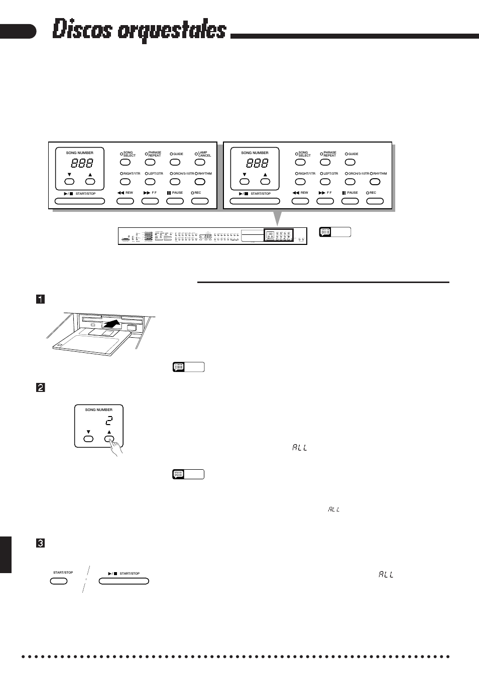Discos orquestales, Interpretación automática, Seleccione un número de canción | Empiece la reproducción | Yamaha CVP-85A User Manual | Page 30 / 76