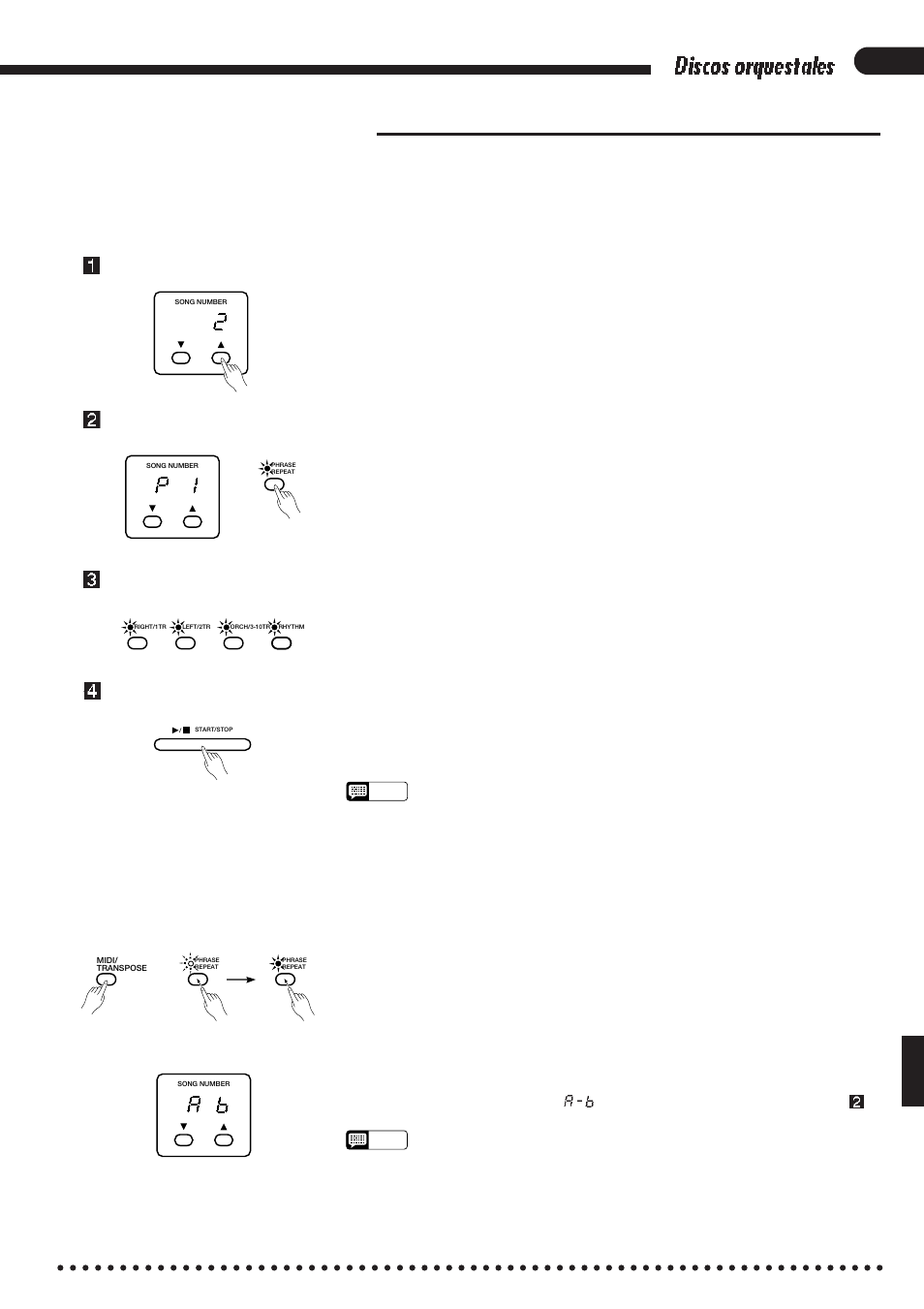 Funciones de repetición, Discos orquestales, Repetición de frase | 2● repetición de a-b, P8 1 | Yamaha CVP-85A User Manual | Page 33 / 76