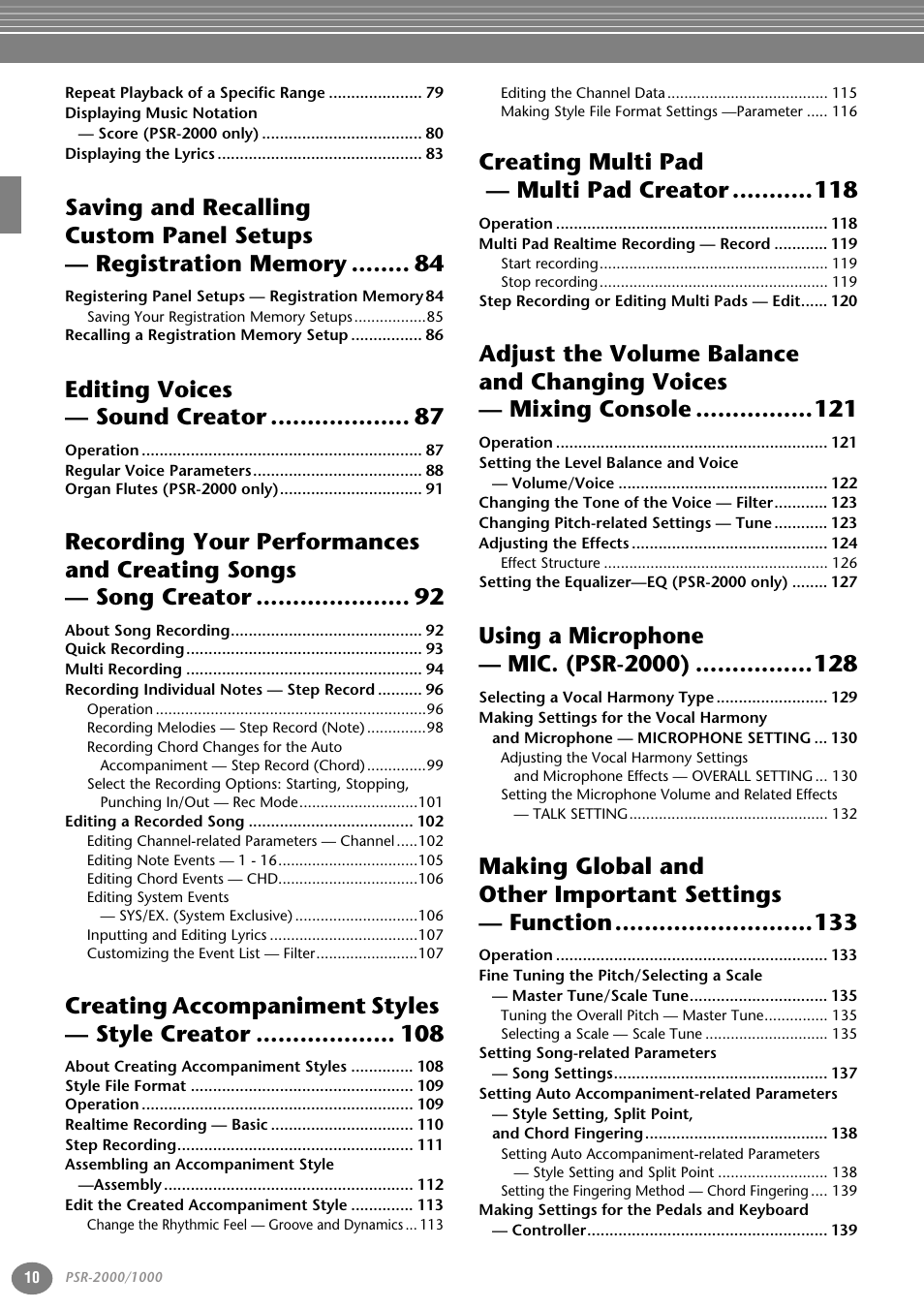 Editing voices — sound creator, Creating accompaniment styles — style creator, Creating multi pad — multi pad creator | Using a microphone — mic. (psr-2000) | Yamaha PORTATONE PSR-1000 User Manual | Page 10 / 172