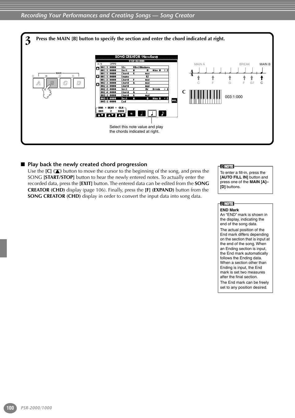 Play back the newly created chord progression | Yamaha PORTATONE PSR-1000 User Manual | Page 100 / 172