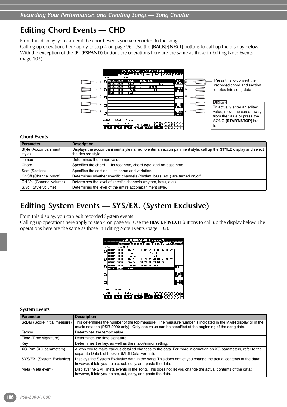 Editing chord events — chd, Editing system events — sys/ex. (system exclusive), Editing chord events — chd editing system events | Sys/ex. (system exclusive) | Yamaha PORTATONE PSR-1000 User Manual | Page 106 / 172