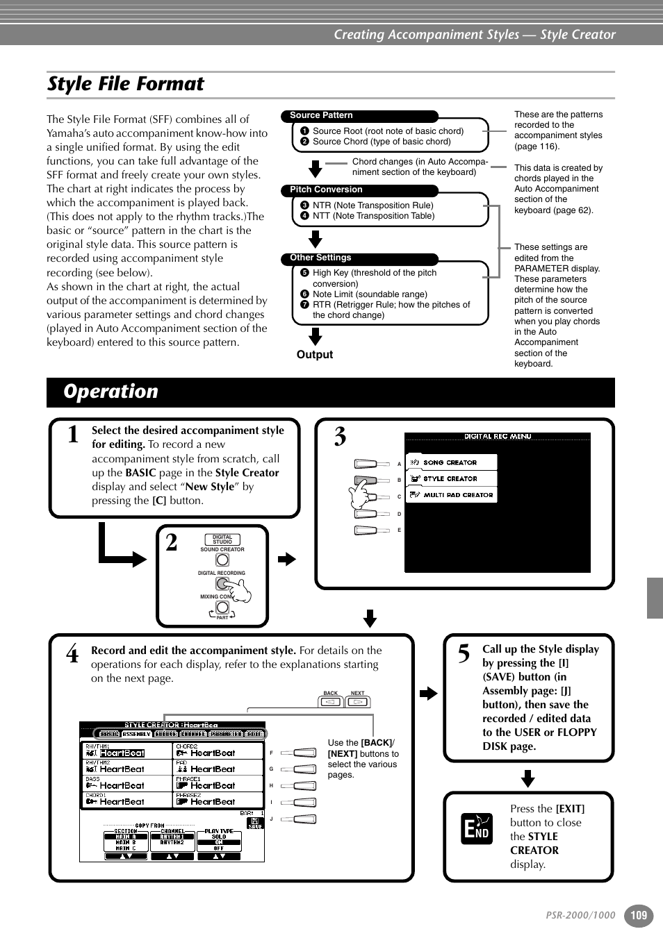 Style file format, Operation, Style file format operation | Creating accompaniment styles — style creator | Yamaha PORTATONE PSR-1000 User Manual | Page 109 / 172