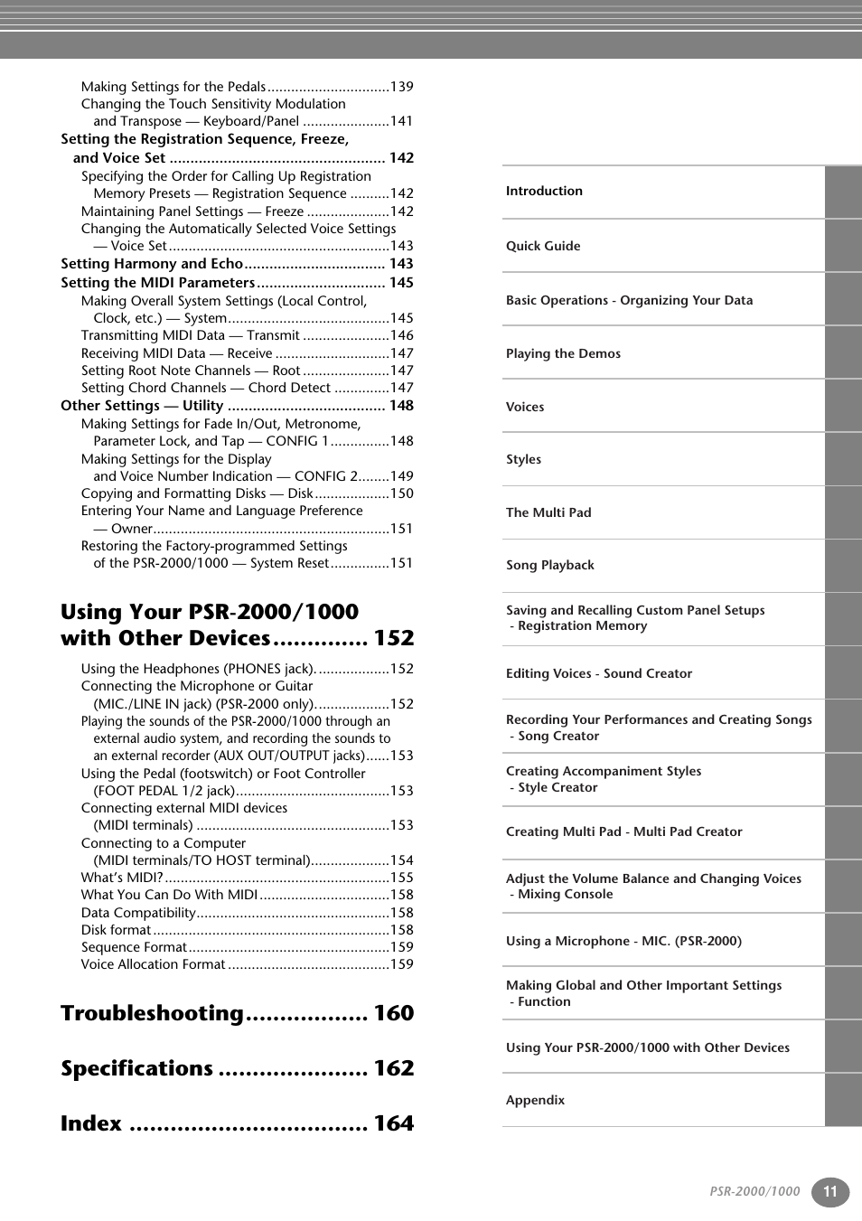 Troubleshooting specifications index | Yamaha PORTATONE PSR-1000 User Manual | Page 11 / 172