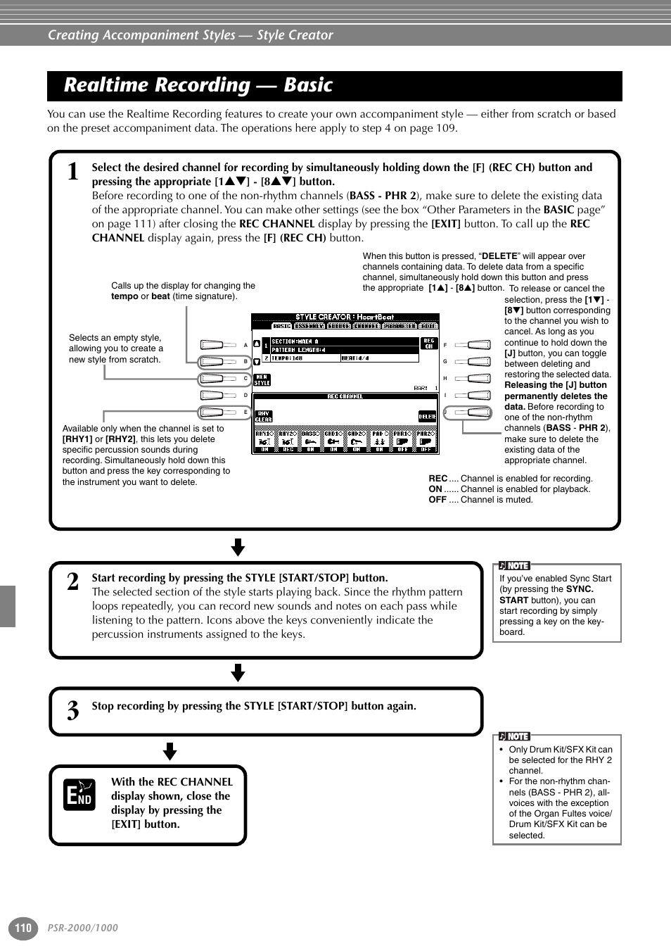 Realtime recording — basic, Creating accompaniment styles — style creator | Yamaha PORTATONE PSR-1000 User Manual | Page 110 / 172