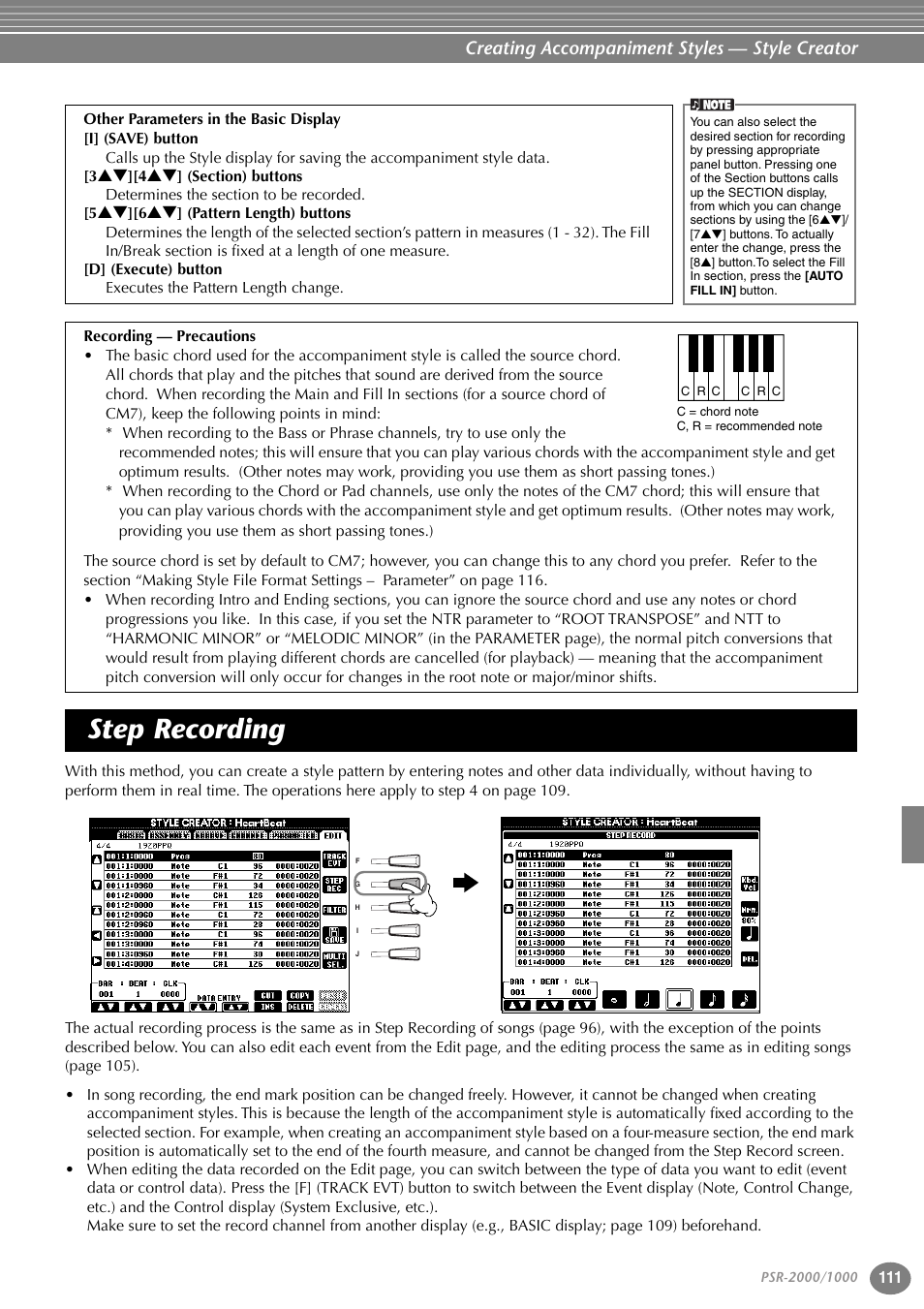 Step recording, Creating accompaniment styles — style creator | Yamaha PORTATONE PSR-1000 User Manual | Page 111 / 172