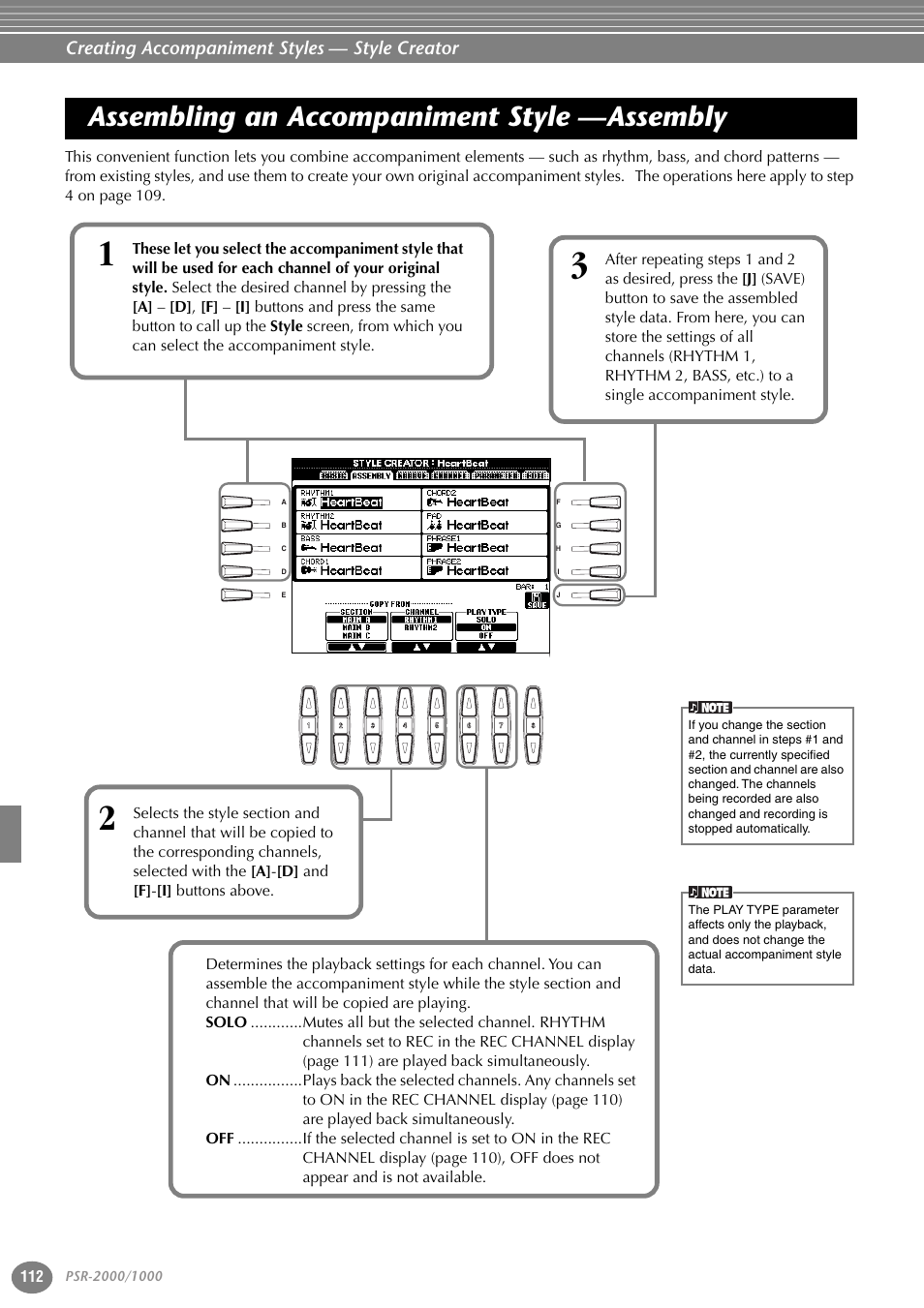 Assembling an accompaniment style —assembly, Assembling an accompaniment style, Assembly | Creating accompaniment styles — style creator | Yamaha PORTATONE PSR-1000 User Manual | Page 112 / 172