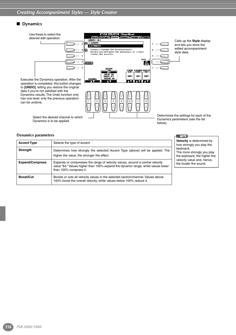 Dynamics, Creating accompaniment styles — style creator, Dynamics parameters | Yamaha PORTATONE PSR-1000 User Manual | Page 114 / 172