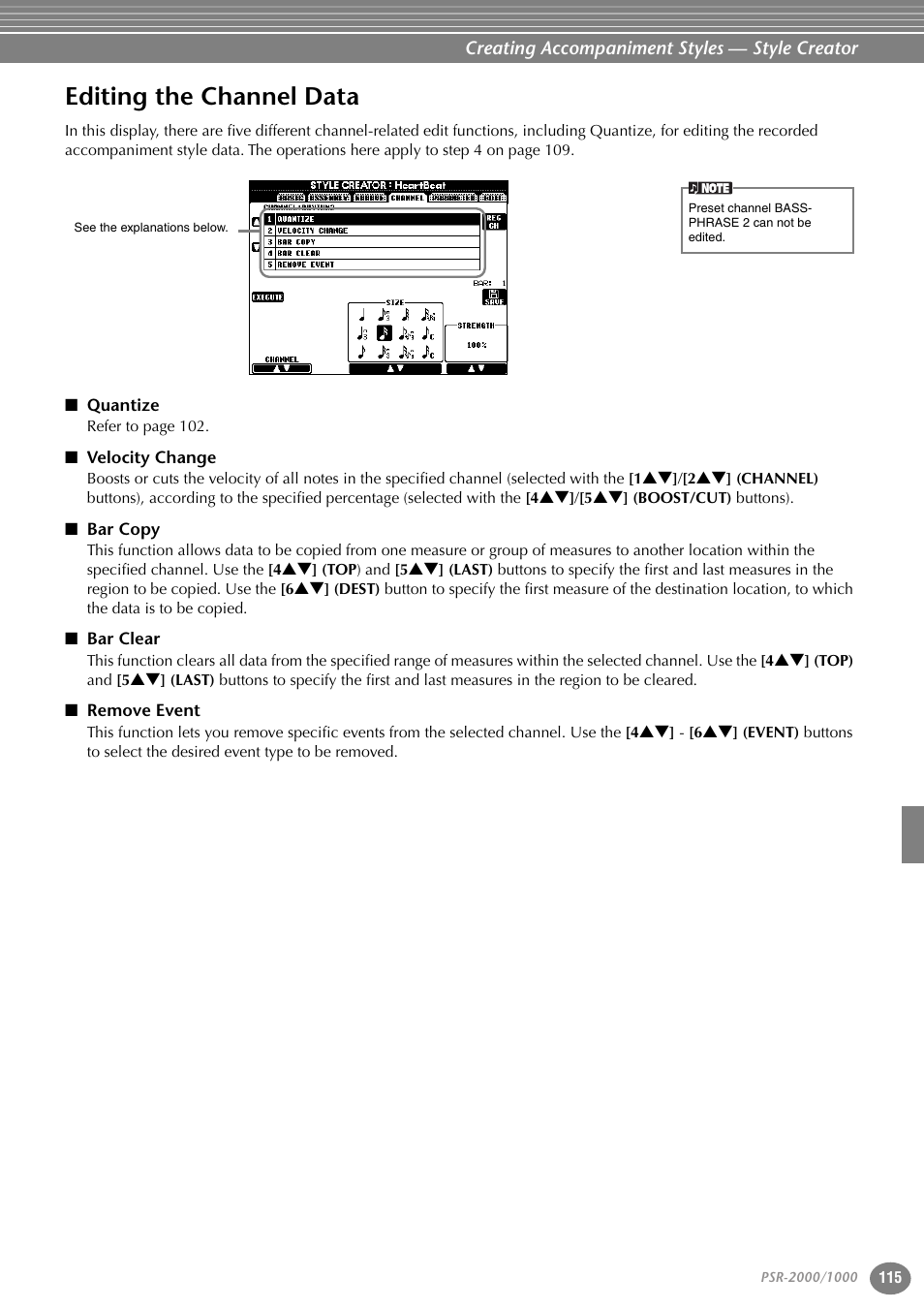 Editing the channel data, Quantize, Velocity change | Bar copy, Bar clear, Remove event | Yamaha PORTATONE PSR-1000 User Manual | Page 115 / 172