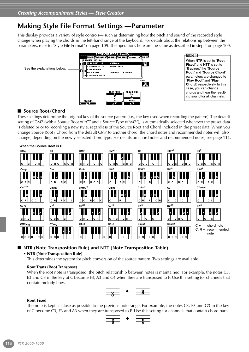 Making style file format settings —parameter, Source root/chord, Creating accompaniment styles — style creator | Yamaha PORTATONE PSR-1000 User Manual | Page 116 / 172