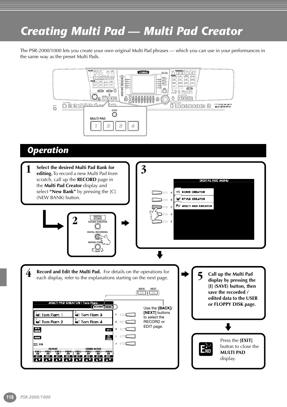 Creating multi pad — multi pad creator, Operation, Part | Variation, Reset, Reset min max, Reset new song sync. start, Style) (r) (l), Multi pad | Yamaha PORTATONE PSR-1000 User Manual | Page 118 / 172