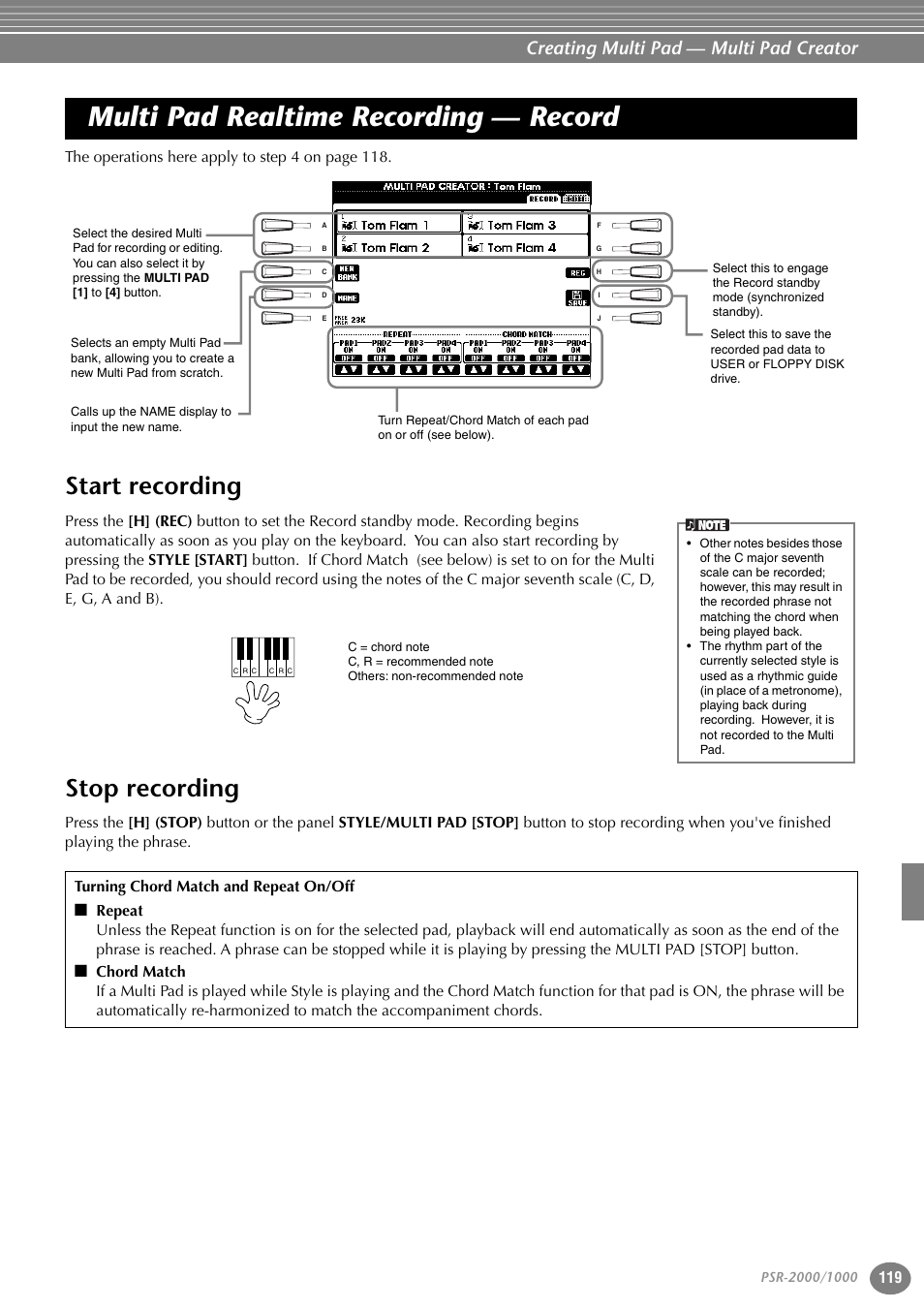 Multi pad realtime recording — record, Start recording, Stop recording | Start recording stop recording, Creating multi pad — multi pad creator | Yamaha PORTATONE PSR-1000 User Manual | Page 119 / 172