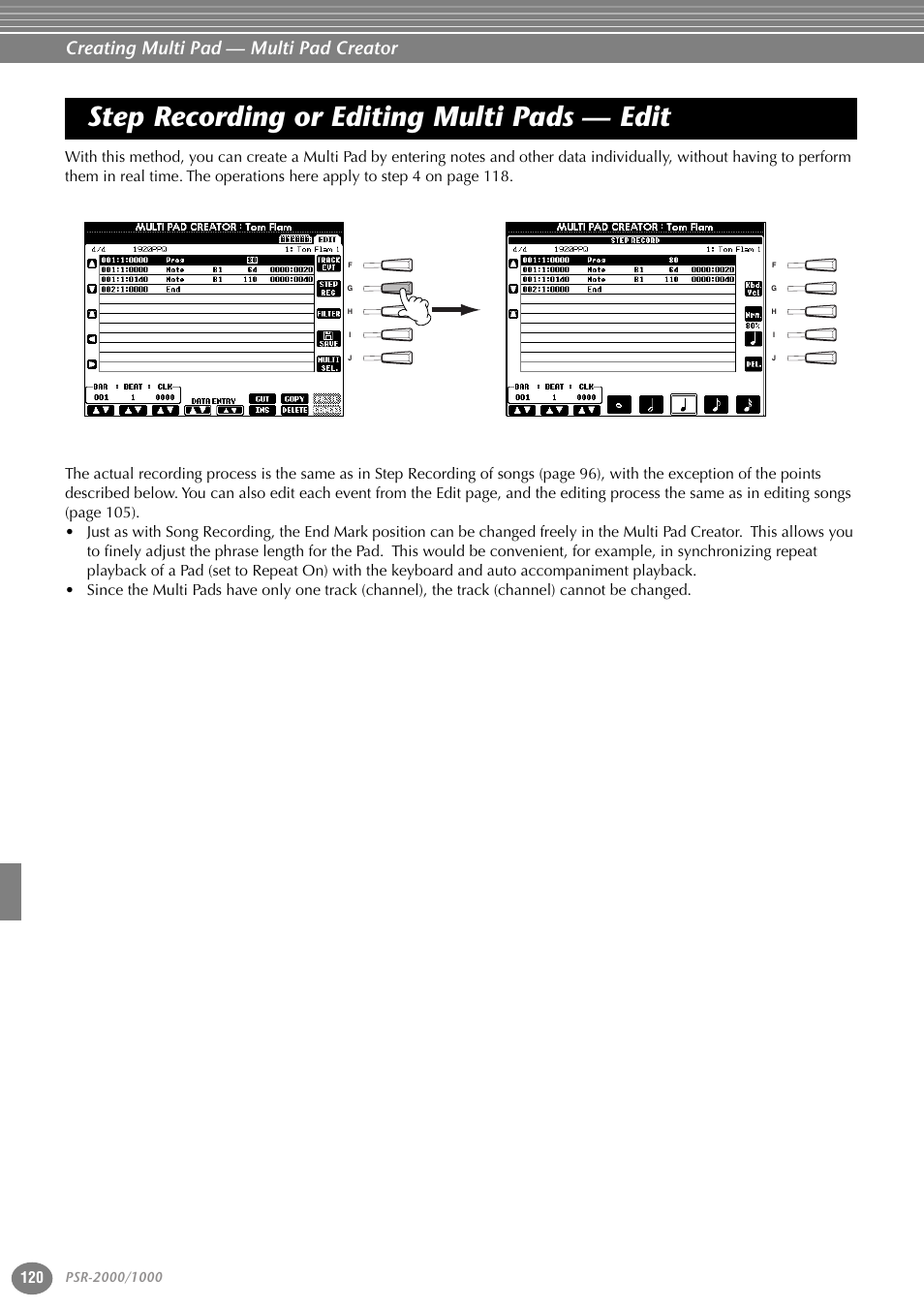 Step recording or editing multi pads — edit, Creating multi pad — multi pad creator | Yamaha PORTATONE PSR-1000 User Manual | Page 120 / 172