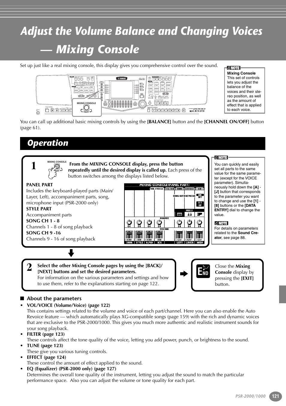 Operation, About the parameters, P. 121 | Part, Variation, Reset, Reset min max, Reset new song sync. start, Style) (r) (l) | Yamaha PORTATONE PSR-1000 User Manual | Page 121 / 172