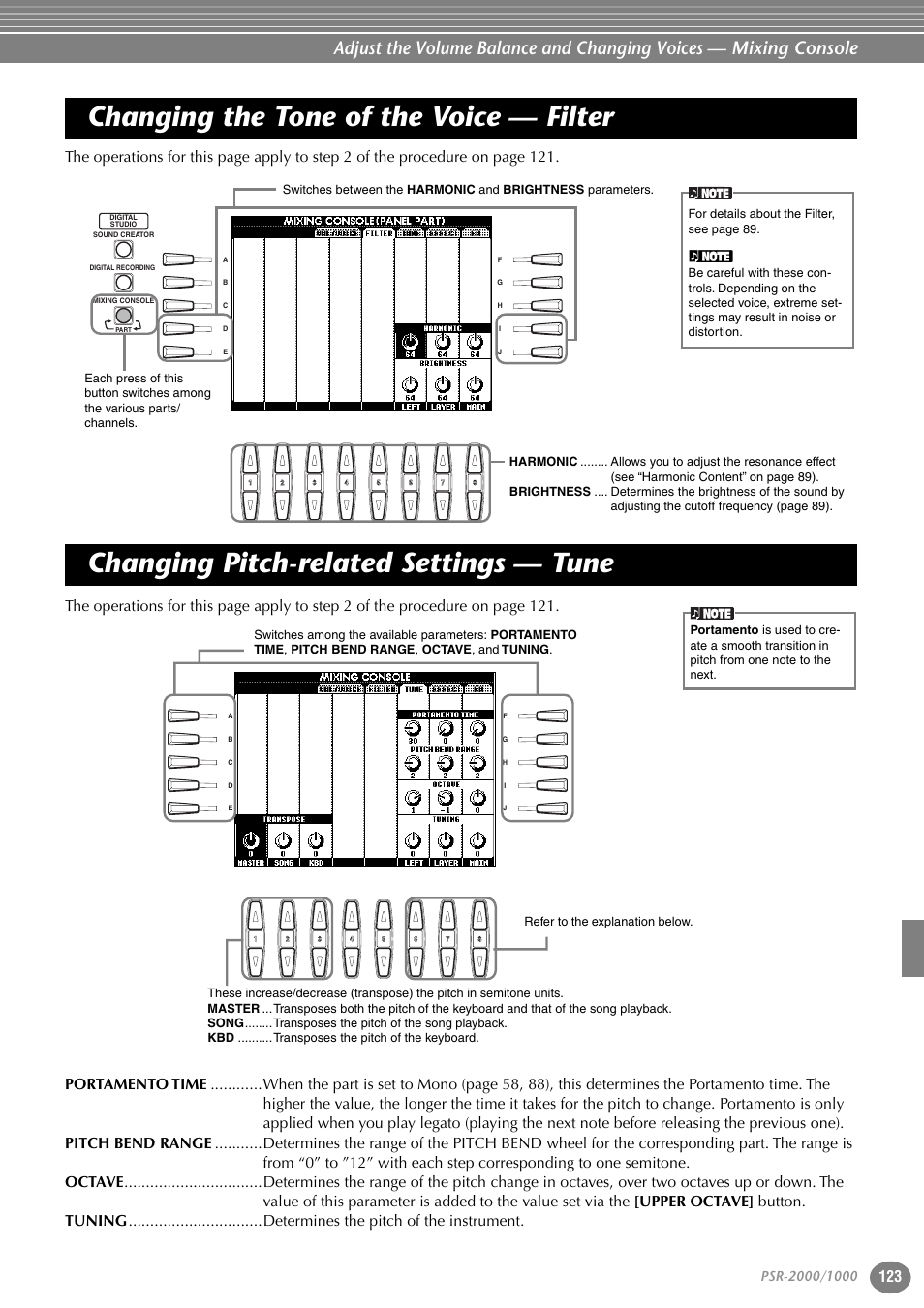 Changing the tone of the voice — filter, Changing pitch-related settings — tune | Yamaha PORTATONE PSR-1000 User Manual | Page 123 / 172