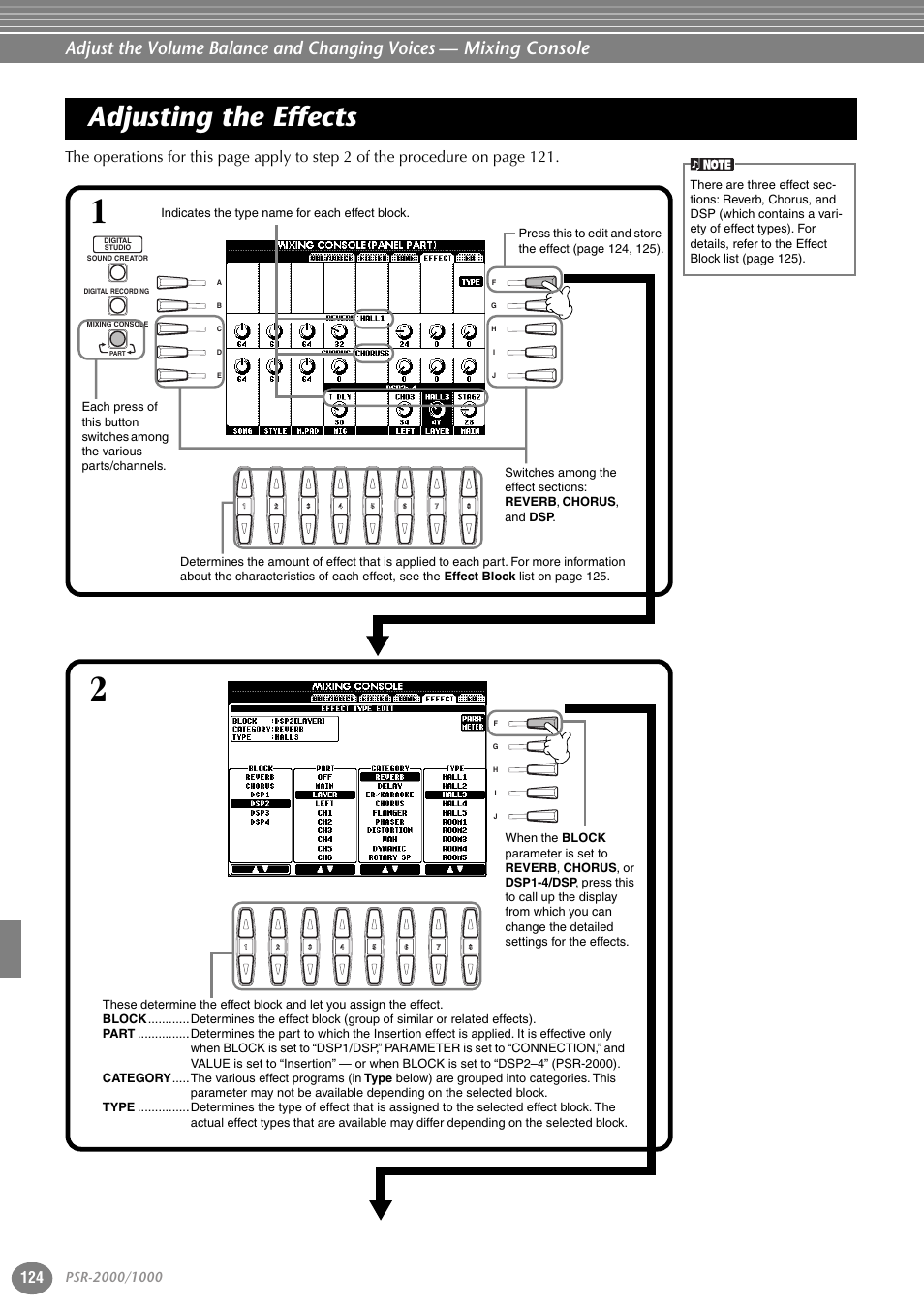 Adjusting the effects | Yamaha PORTATONE PSR-1000 User Manual | Page 124 / 172