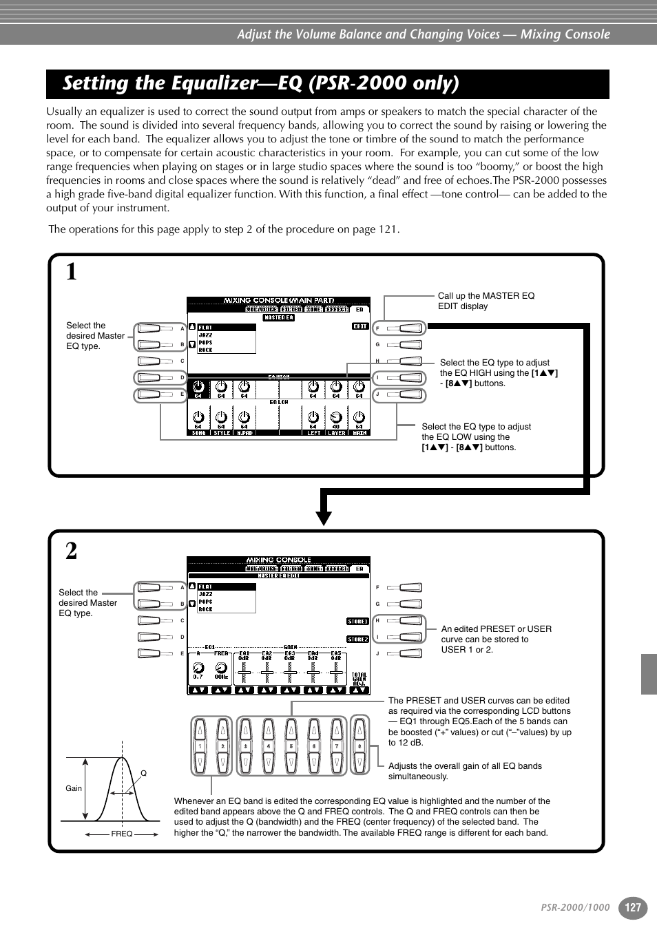 Setting the equalizer—eq (psr-2000 only) | Yamaha PORTATONE PSR-1000 User Manual | Page 127 / 172