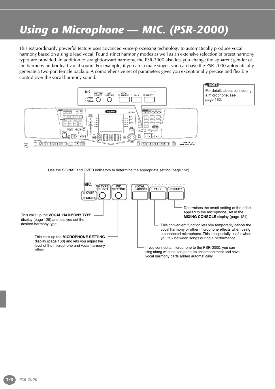 Using a microphone — mic. (psr-2000), P. 128, Psr-2000 | Part, Variation, Reset, Reset min max, Reset new song sync. start, Style) (r) (l) | Yamaha PORTATONE PSR-1000 User Manual | Page 128 / 172