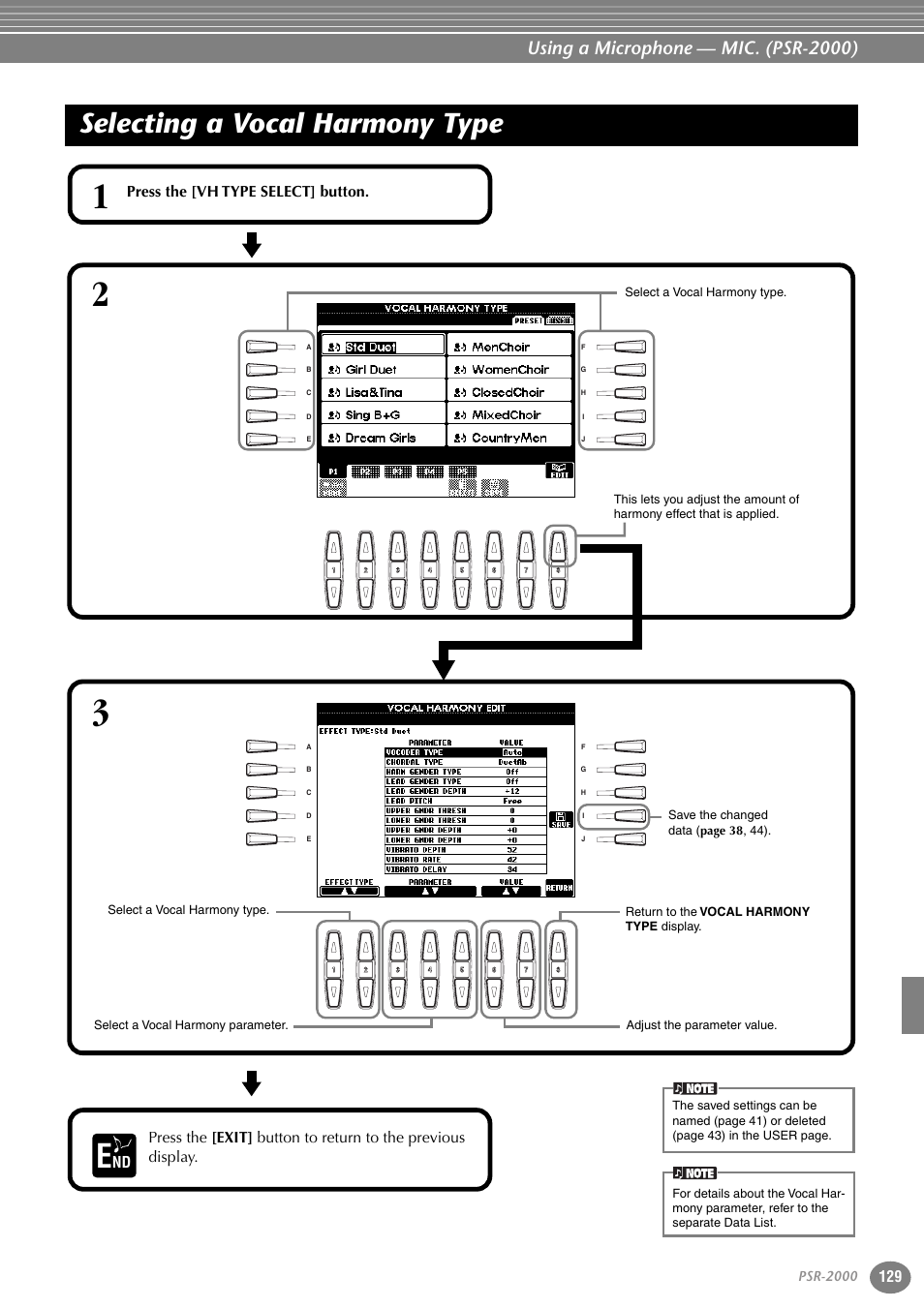 Selecting a vocal harmony type, Using a microphone — mic. (psr-2000), Press the [vh type select] button | Yamaha PORTATONE PSR-1000 User Manual | Page 129 / 172