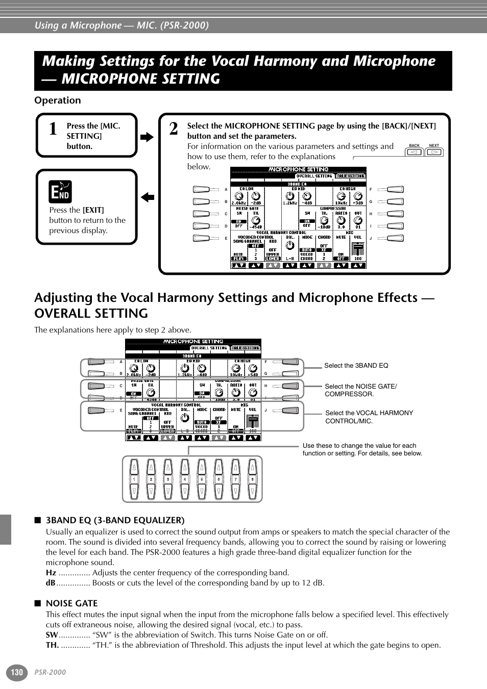 Operation, 3band eq (3-band equalizer), Noise gate | Making settings for the vocal harmony, And microphone — microphone setting, Adjusting the vocal harmony settings, And microphone effects — overall setting, Using a microphone — mic. (psr-2000), The explanations here apply to step 2 above, Press the [mic. setting] button | Yamaha PORTATONE PSR-1000 User Manual | Page 130 / 172
