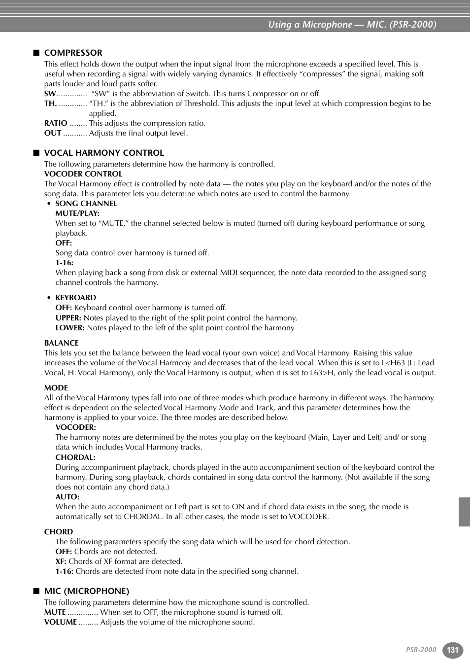 Compressor, Vocal harmony control, Mic (microphone) | Yamaha PORTATONE PSR-1000 User Manual | Page 131 / 172