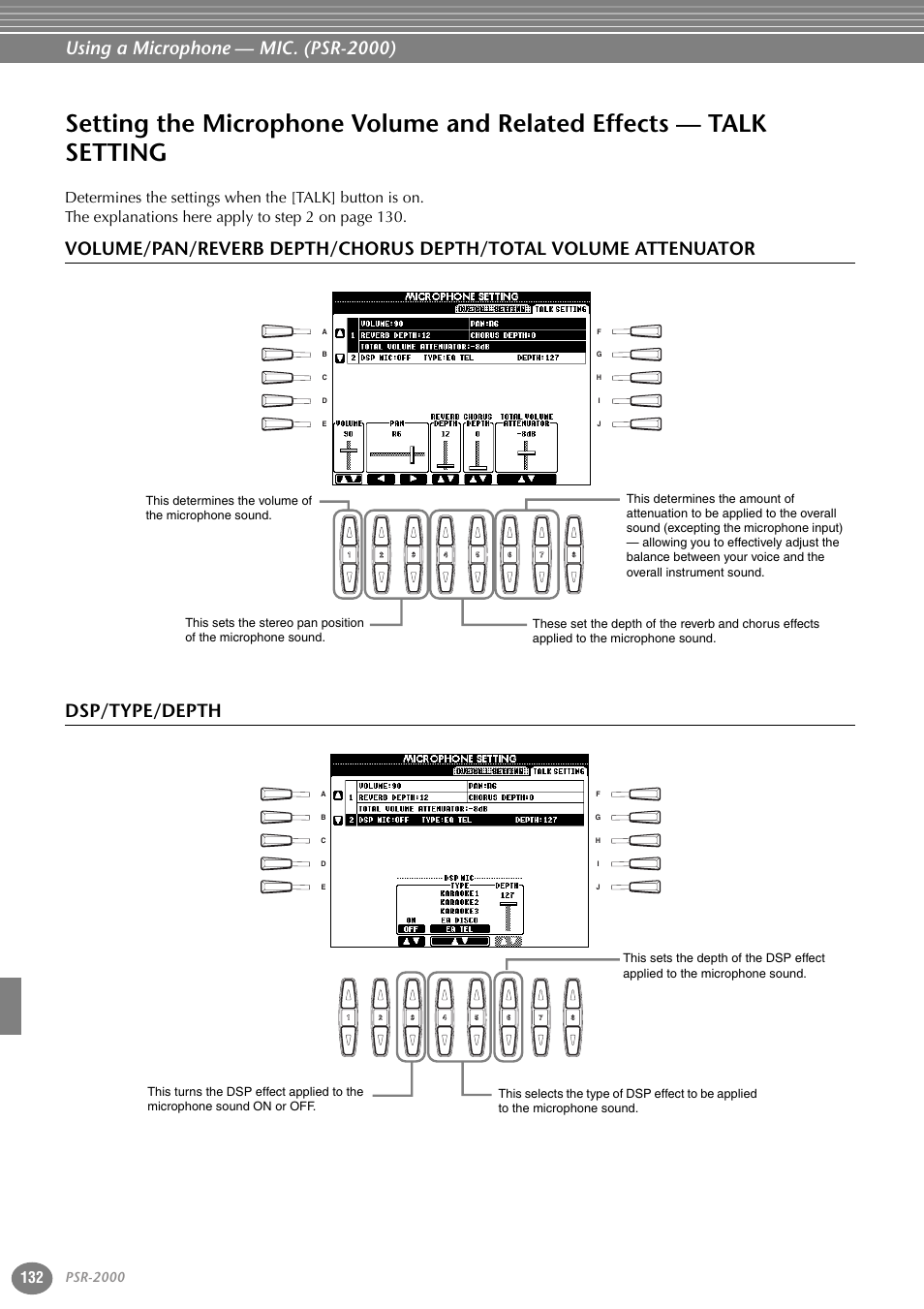 Dsp/type/depth, Setting the microphone volume and related effects, Talk setting | Using a microphone — mic. (psr-2000), Psr-2000 | Yamaha PORTATONE PSR-1000 User Manual | Page 132 / 172