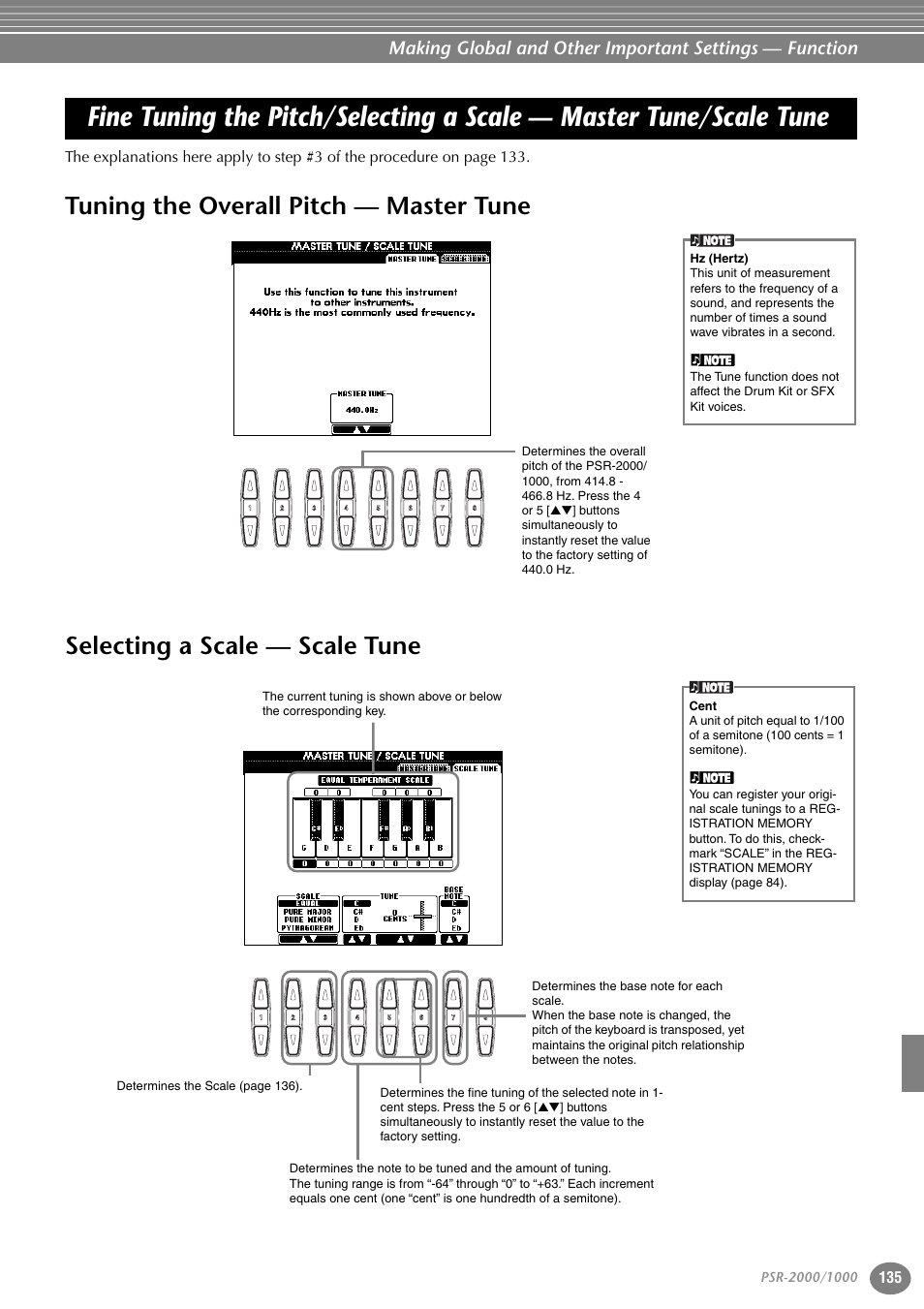 Tuning the overall pitch — master tune, Selecting a scale — scale tune, Fine tuning the pitch/selecting a scale | Master tune/scale tune | Yamaha PORTATONE PSR-1000 User Manual | Page 135 / 172