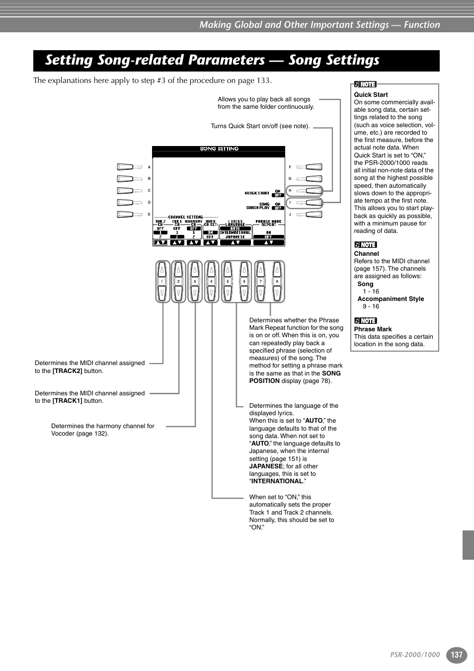 Setting song-related parameters — song settings, Setting song-related parameters, Song settings | Yamaha PORTATONE PSR-1000 User Manual | Page 137 / 172