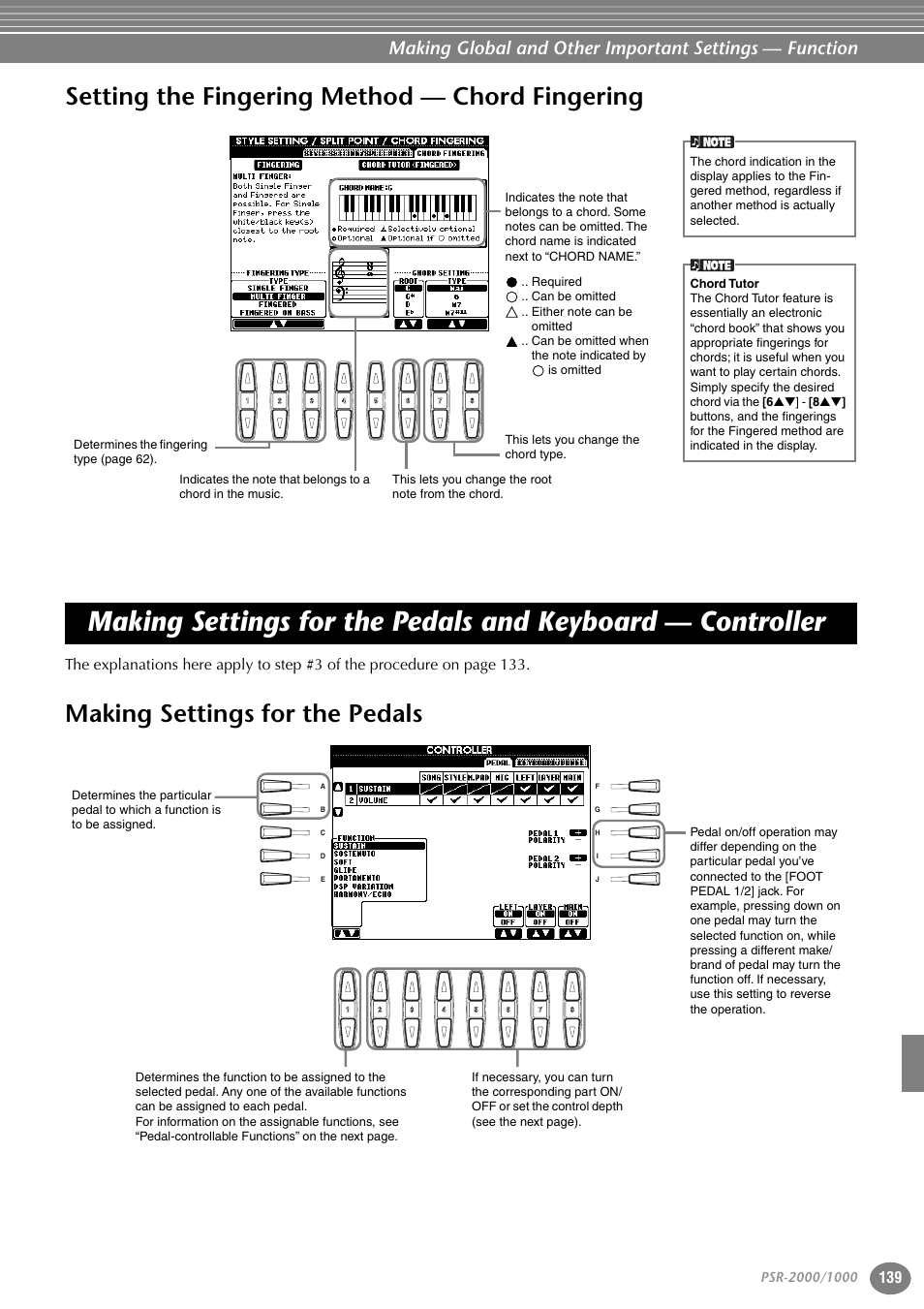 Setting the fingering method — chord fingering, Making settings for the pedals | Yamaha PORTATONE PSR-1000 User Manual | Page 139 / 172