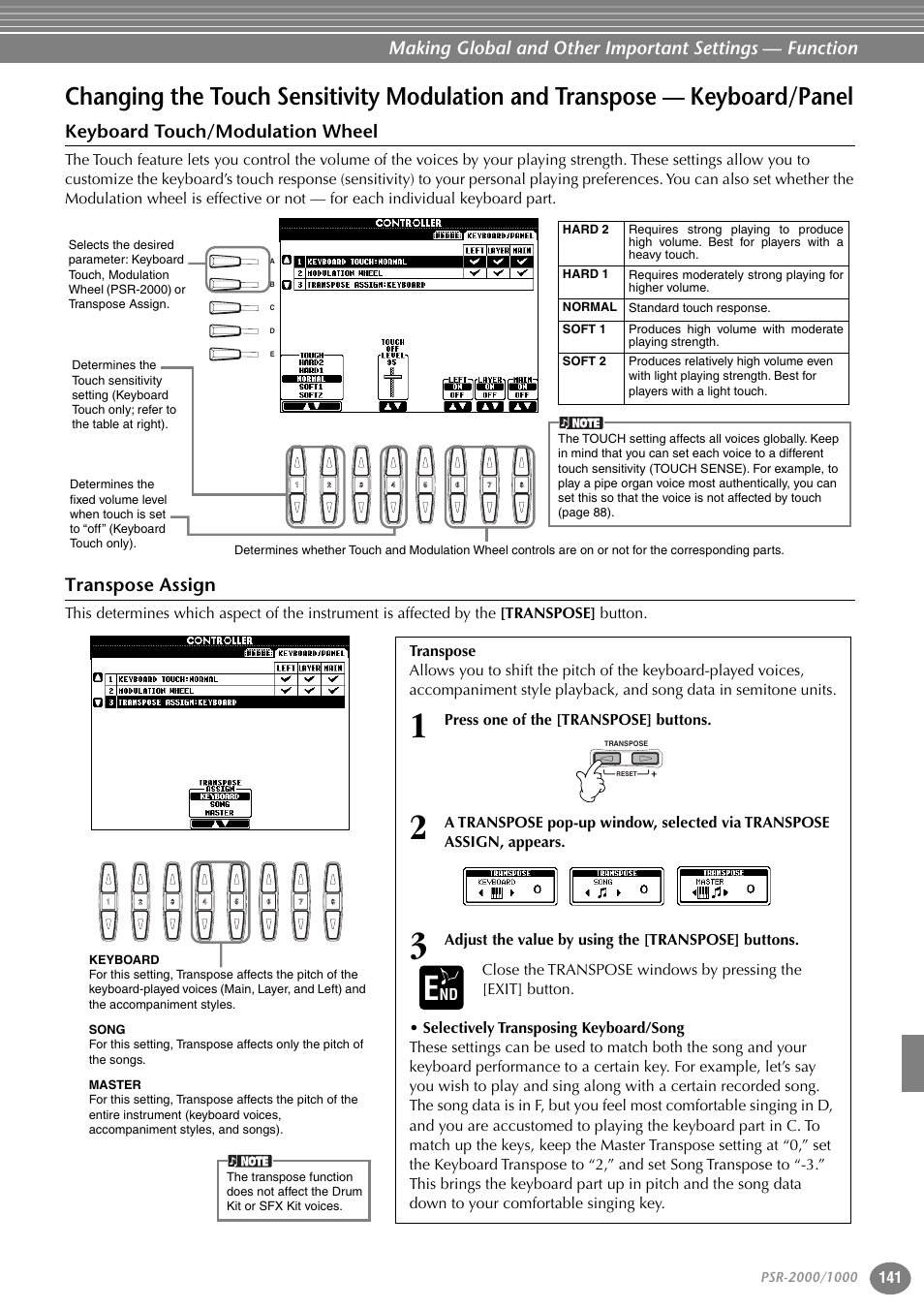 Keyboard touch/modulation wheel, Transpose assign, Changing the touch sensitivity modulation | And transpose — keyboard/panel, P. 141 | Yamaha PORTATONE PSR-1000 User Manual | Page 141 / 172