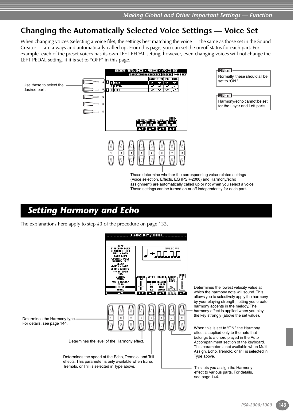 Setting harmony and echo, Changing the automatically selected voice settings, Voice set | Yamaha PORTATONE PSR-1000 User Manual | Page 143 / 172