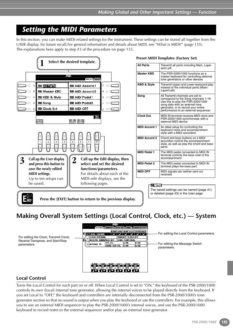 Setting the midi parameters, Local control, Making overall system settings (local control | Clock, etc.) — system | Yamaha PORTATONE PSR-1000 User Manual | Page 145 / 172