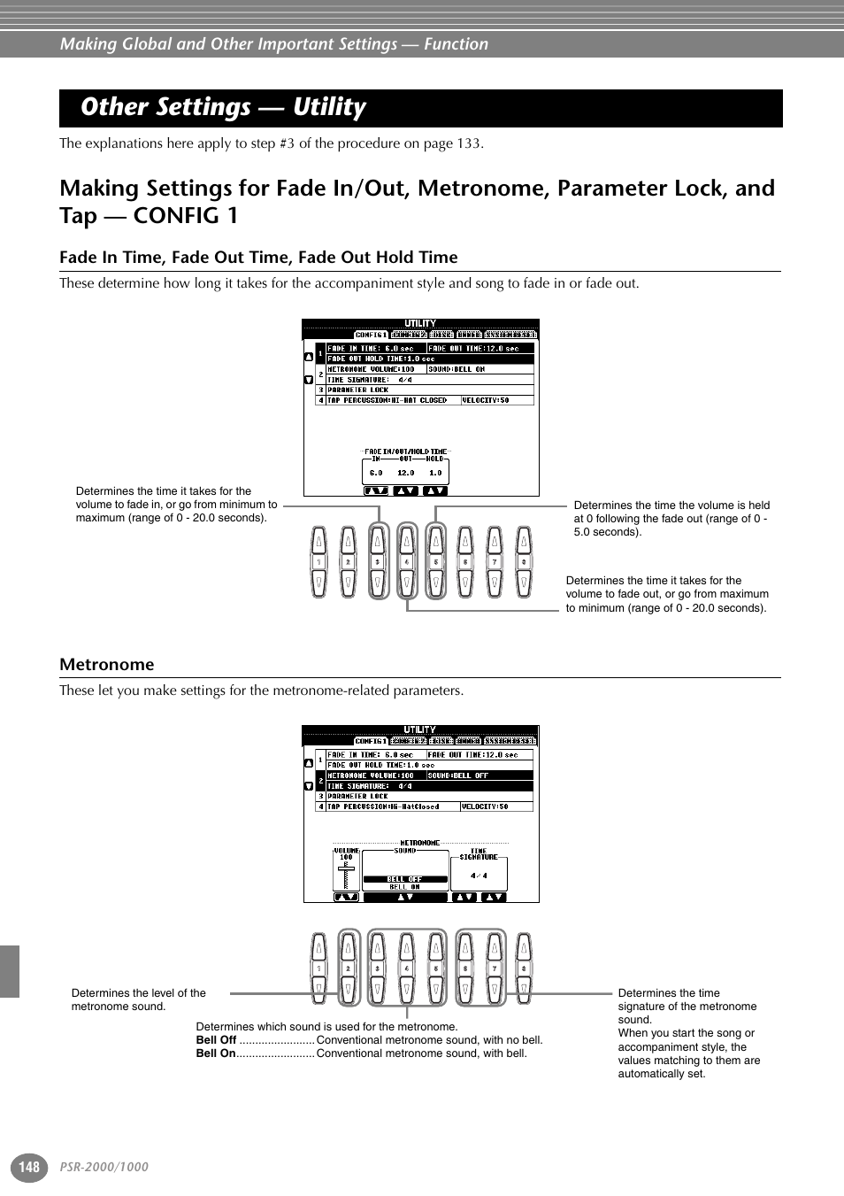 Other settings — utility, Fade in time, fade out time, fade out hold time, Metronome | Making settings for fade in/out, metronome, Parameter lock, and tap — config 1 | Yamaha PORTATONE PSR-1000 User Manual | Page 148 / 172
