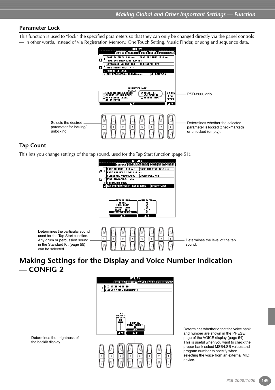 Parameter lock, Tap count, Making settings for the display | And voice number indication — config 2 | Yamaha PORTATONE PSR-1000 User Manual | Page 149 / 172