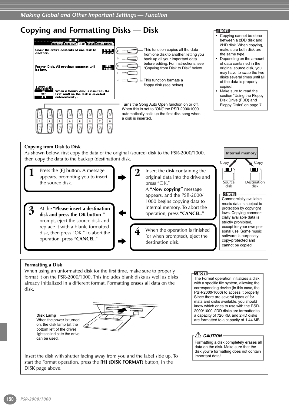 Copying and formatting disks — disk | Yamaha PORTATONE PSR-1000 User Manual | Page 150 / 172