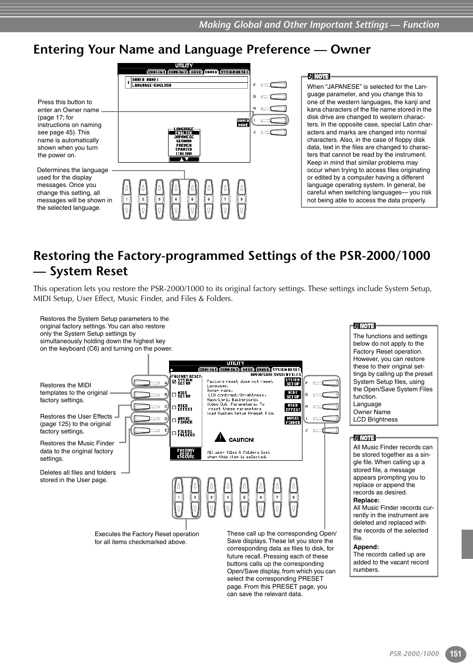 Entering your name and language preference — owner, Entering your name and language preference, Owner | Restoring the factory-programmed settings, Of the psr-2000/1000 — system reset | Yamaha PORTATONE PSR-1000 User Manual | Page 151 / 172