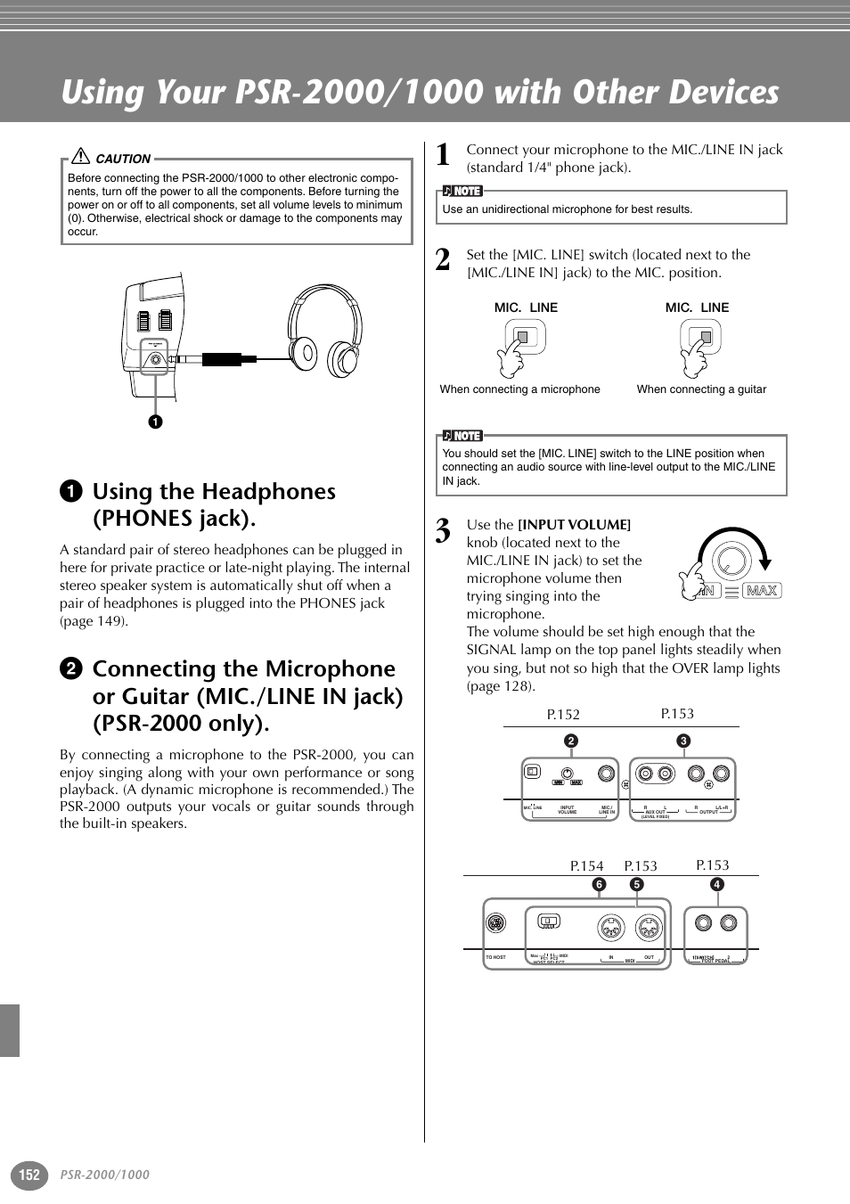 Using your psr-2000/1000 with other devices, 1 using the headphones (phones jack), Mic./line in jack) (psr-2000 only) | P. 152 | Yamaha PORTATONE PSR-1000 User Manual | Page 152 / 172