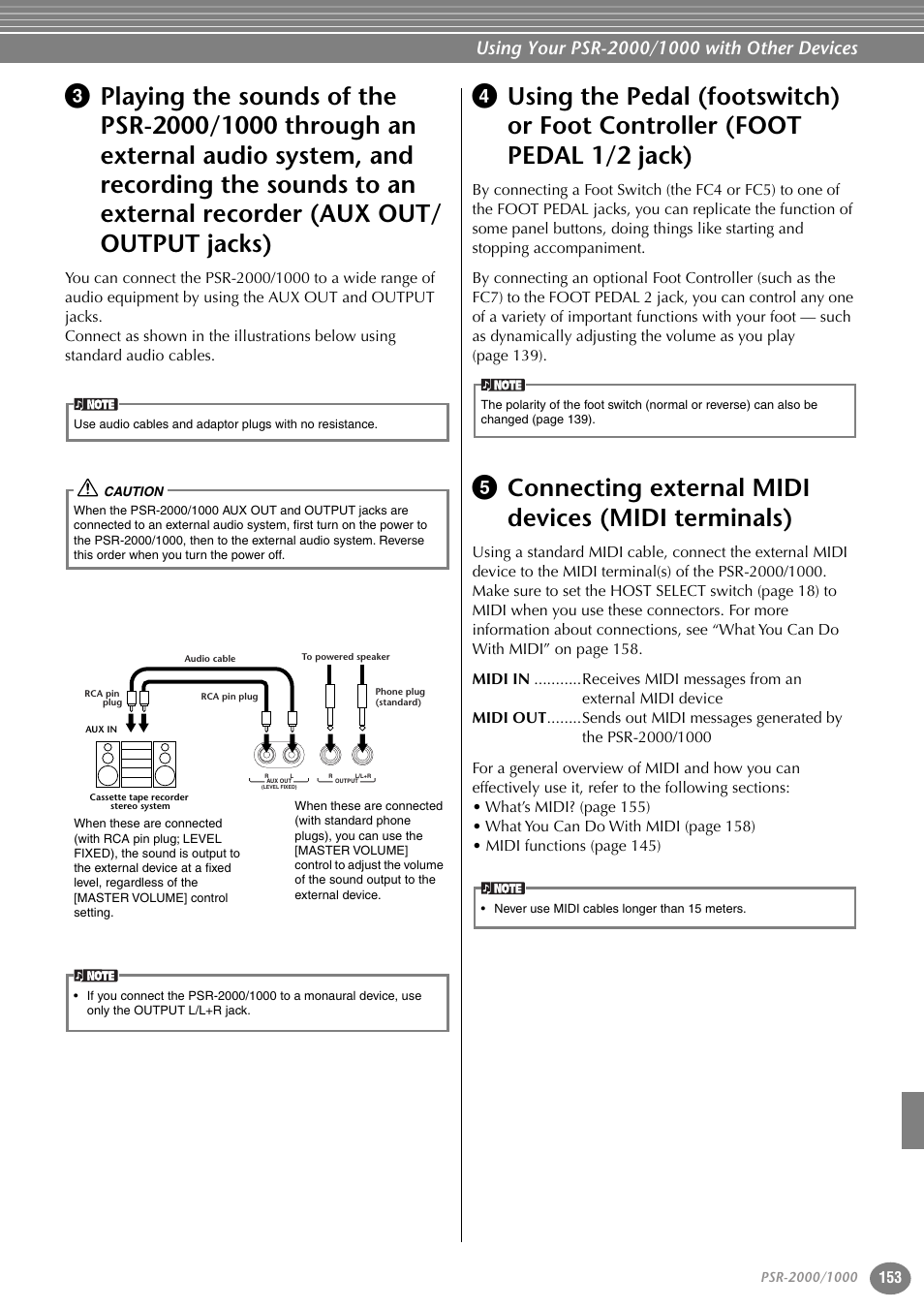 Playing the sounds of the psr-2000/1000 through an, Using the pedal (footswitch) or foot controller, Foot pedal 1/2 jack) | Connecting external midi devices, Midi terminals), P. 153, P.153 | Yamaha PORTATONE PSR-1000 User Manual | Page 153 / 172