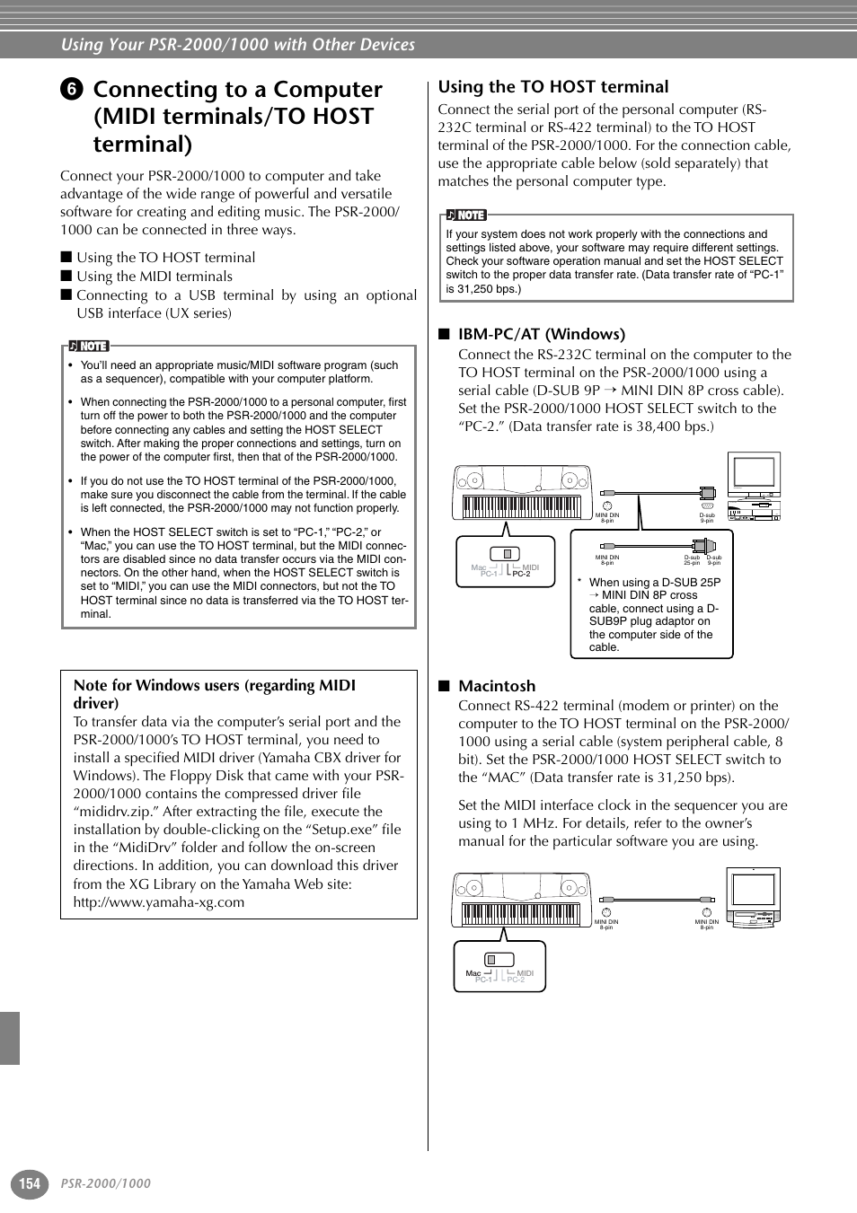 Using the to host terminal, Ibm-pc/at (windows), Macintosh | Connecting to a computer, Midi terminals/to host terminal), P. 154, P.154, Using the midi terminals | Yamaha PORTATONE PSR-1000 User Manual | Page 154 / 172