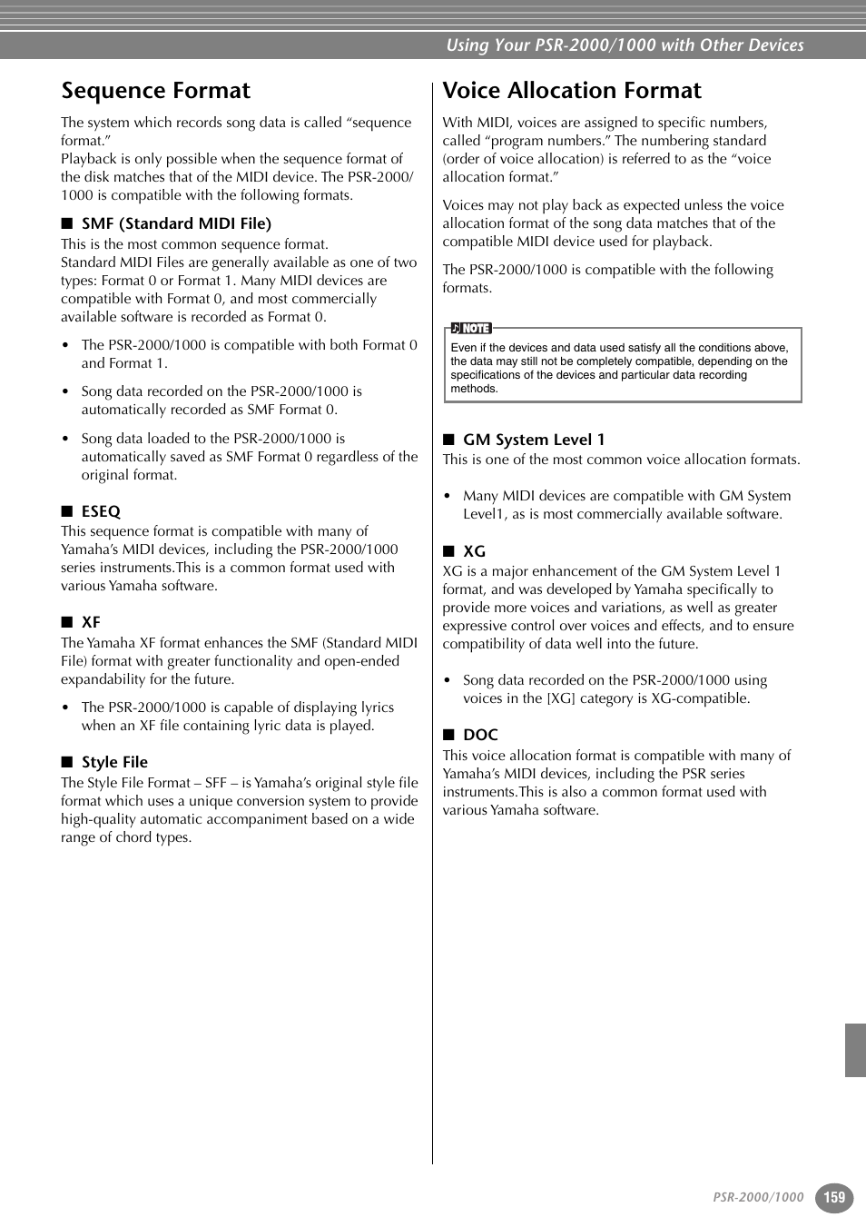 Sequence format, Smf (standard midi file), Eseq | Style file, Voice allocation format, Gm system level 1, Sequence format voice allocation format | Yamaha PORTATONE PSR-1000 User Manual | Page 159 / 172
