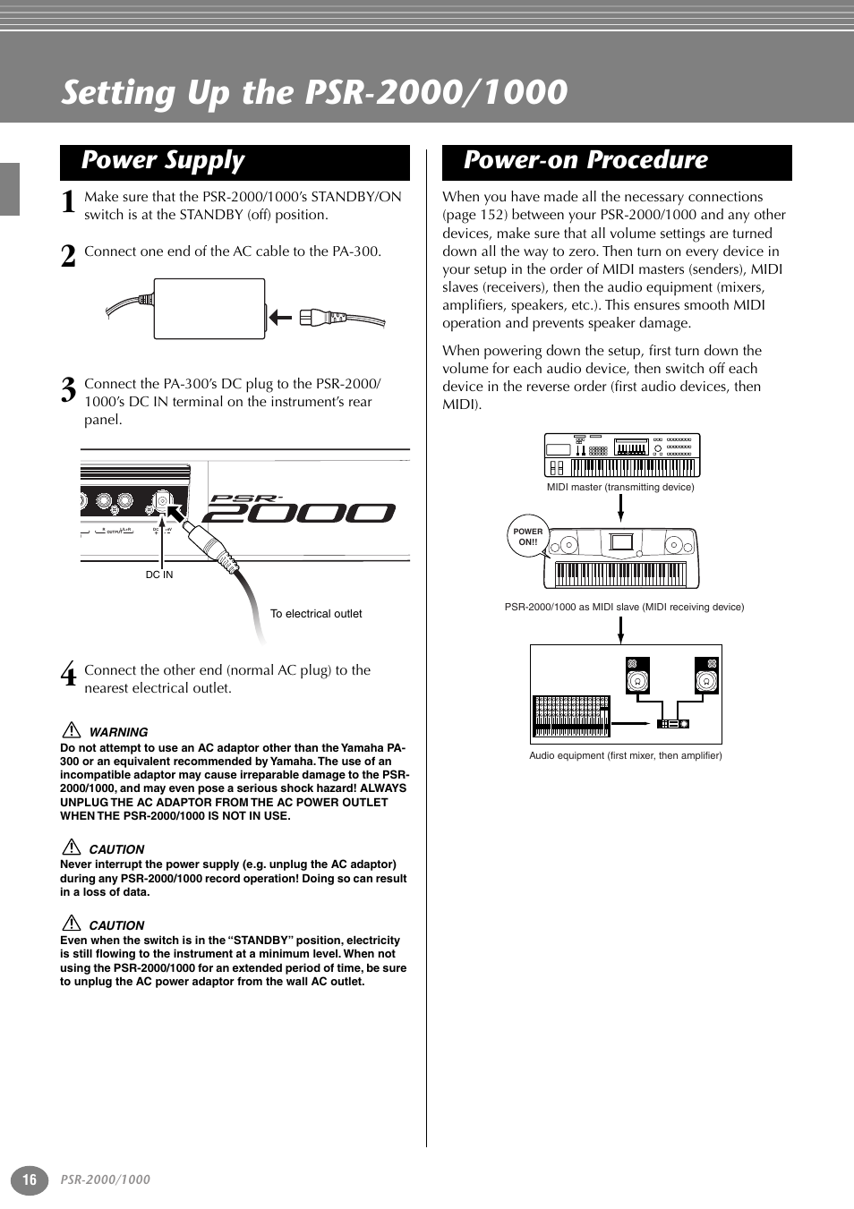 Setting up the psr-2000/1000, Power supply, Power-on procedure | Yamaha PORTATONE PSR-1000 User Manual | Page 16 / 172