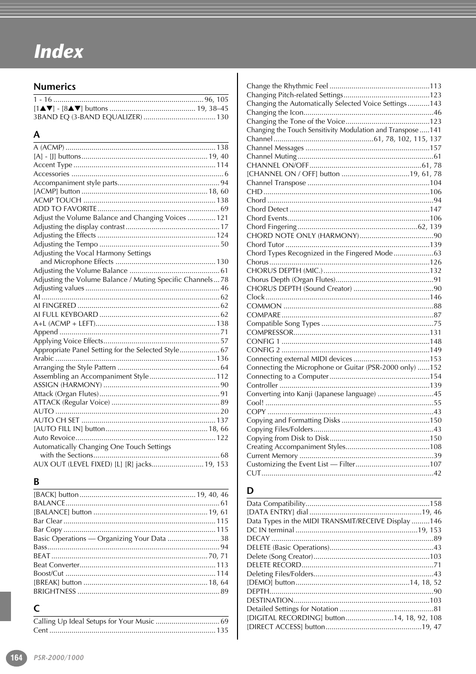 Index | Yamaha PORTATONE PSR-1000 User Manual | Page 164 / 172