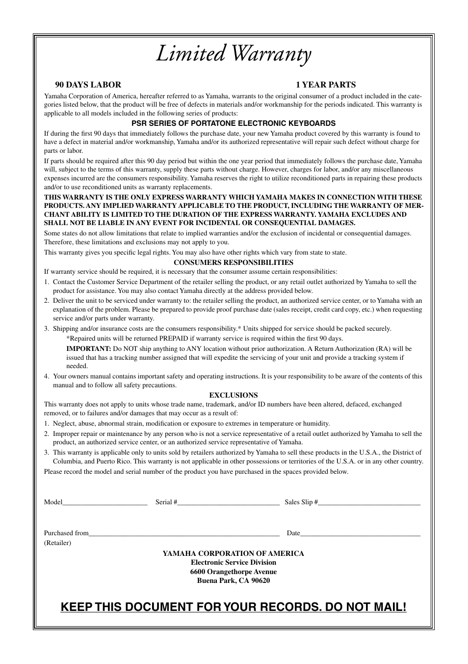 Limited warranty, Keep this document for your records. do not mail | Yamaha PORTATONE PSR-1000 User Manual | Page 169 / 172