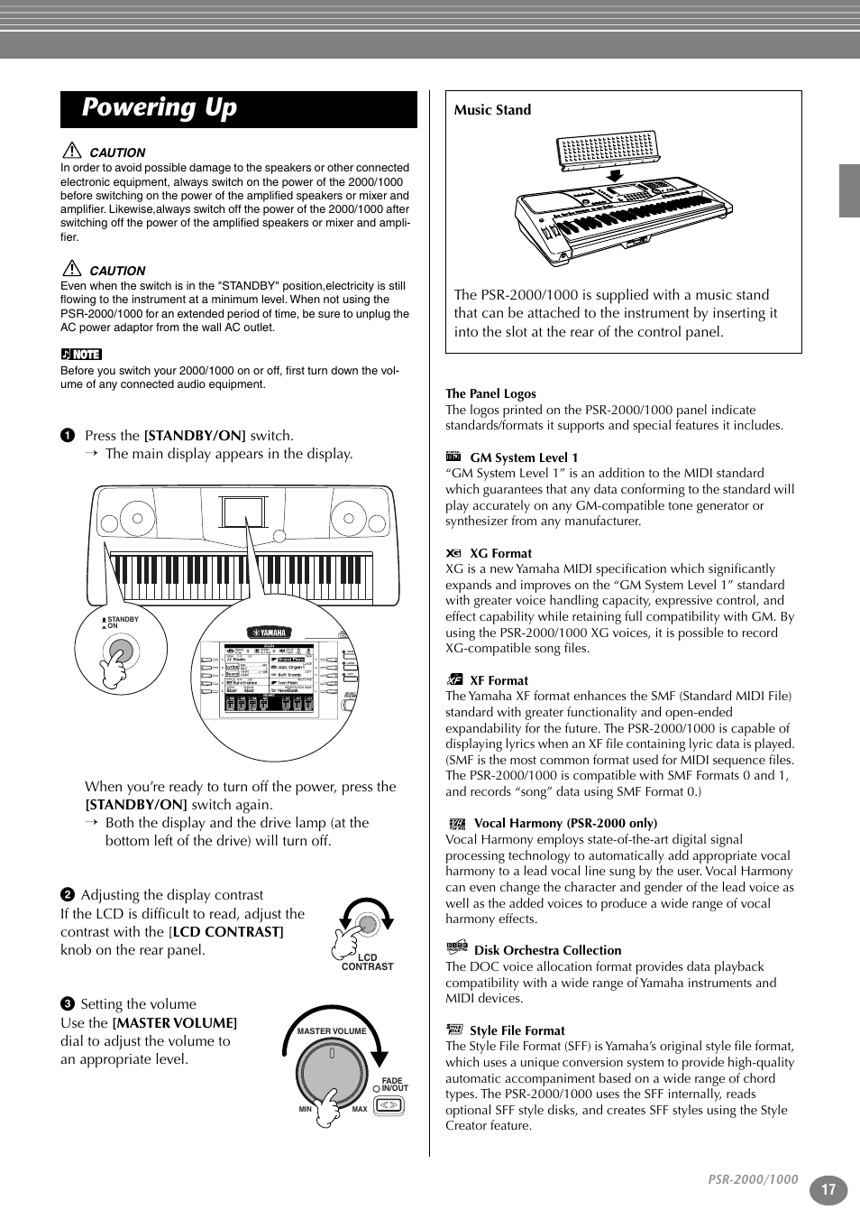 2 adjusting the display contrast, 3 setting the volume, Powering up | 1 press the [standby/on] switch | Yamaha PORTATONE PSR-1000 User Manual | Page 17 / 172